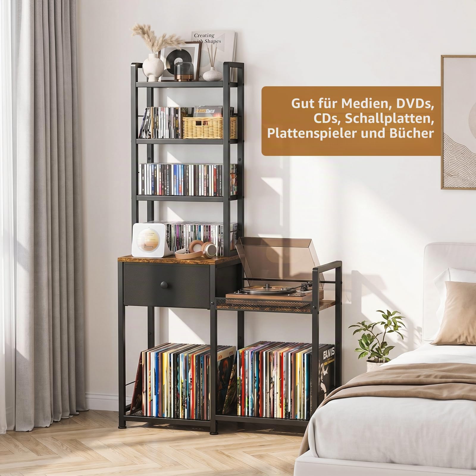 ikkle CD-Regal mit Schallplatten Regal – 7 Stufen DVD Regal mit Schublade & Plattenspielerständer, für 150 DVDs oder 300 CDs, 75 Schallplatten, Bücher, CD-Ständer für Wohnzimmer, Schlafzimmer & Büro