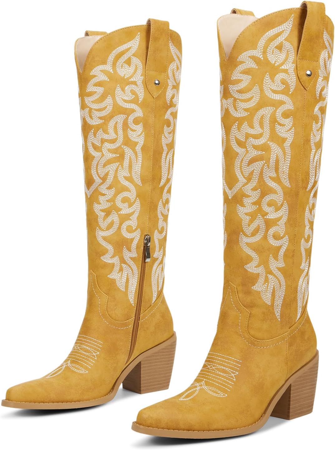 wetkiss Women's Knee High Cowboy Boots - Western Cowgirl Boots with Embroidered Pointed Toe, PU Leather, Chunky Heel, Pull On Tall Boots - Image 4