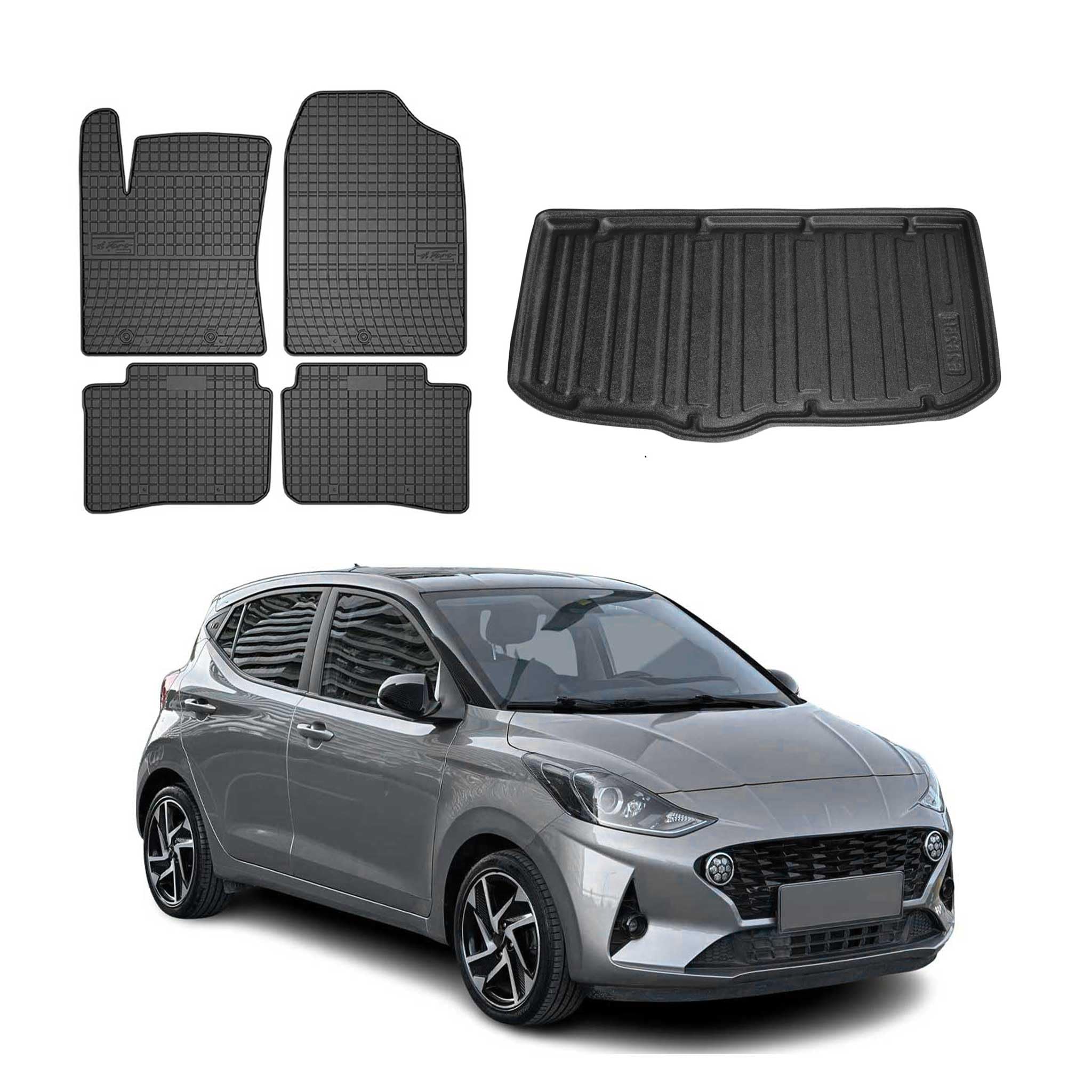 OMAC Fußmatten & Kofferraumwanne Set kompatibel mit Hyundai i10 2020-2026 Gummi TPE Schwarz 5X