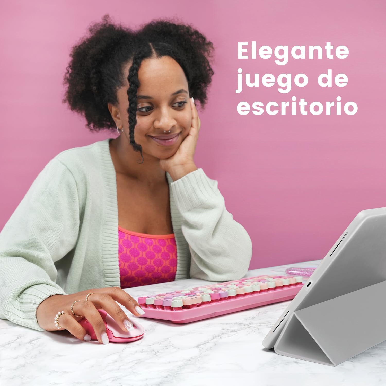 Perixx PERIDUO-802PK ES Set de Ratón y Teclado Inalámbrico Bluetooth Mini - Estilo Retro con Teclas Redondas - Rosa Pastel - Español QWERTY