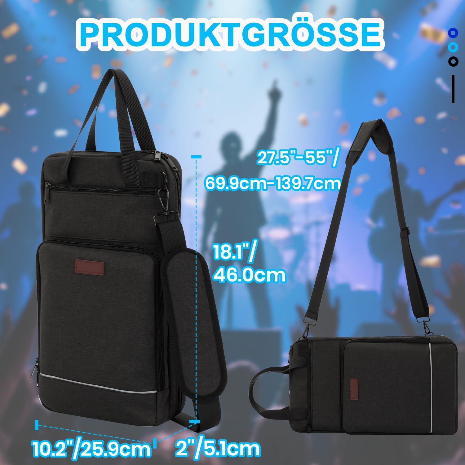 Drumsticktasche mit Aufhängehaken, Drumstick-Bag mit verstellbarem Schultergurt, Schlägelhalter für Drumsticks, Besen und Notenblätter, für Drummer und Anfänger bei Gig, Übung und Probe, nur Tasche