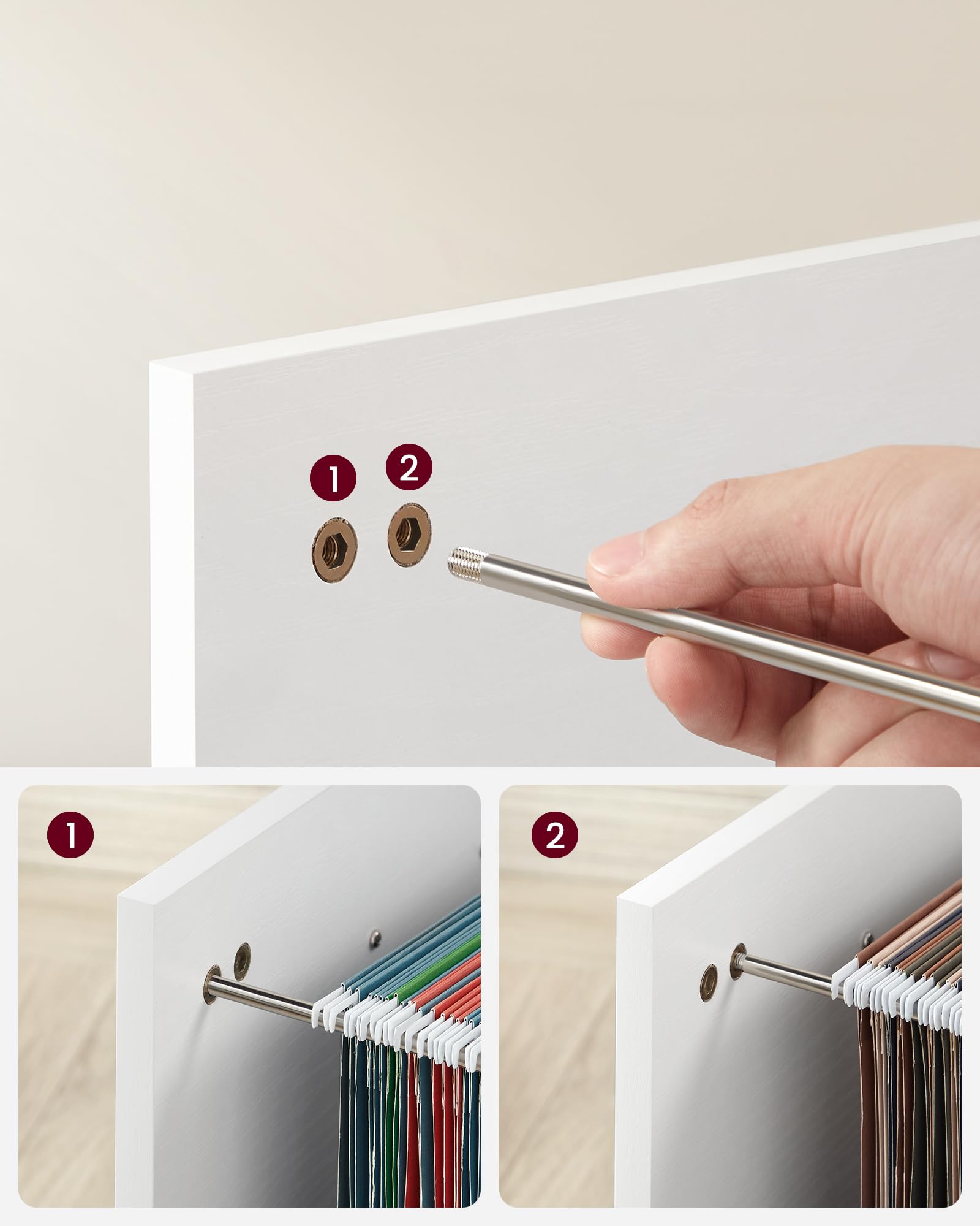 VASAGLE Rollcontainer, Aktenschrank, mit 3 Schubladen und Rollen, offene Fächer, für Dokumente in DIN A4-, Letter-Format, Druckerständer, Industrie-Design, weiß mit Holzmaserung OFC041W46