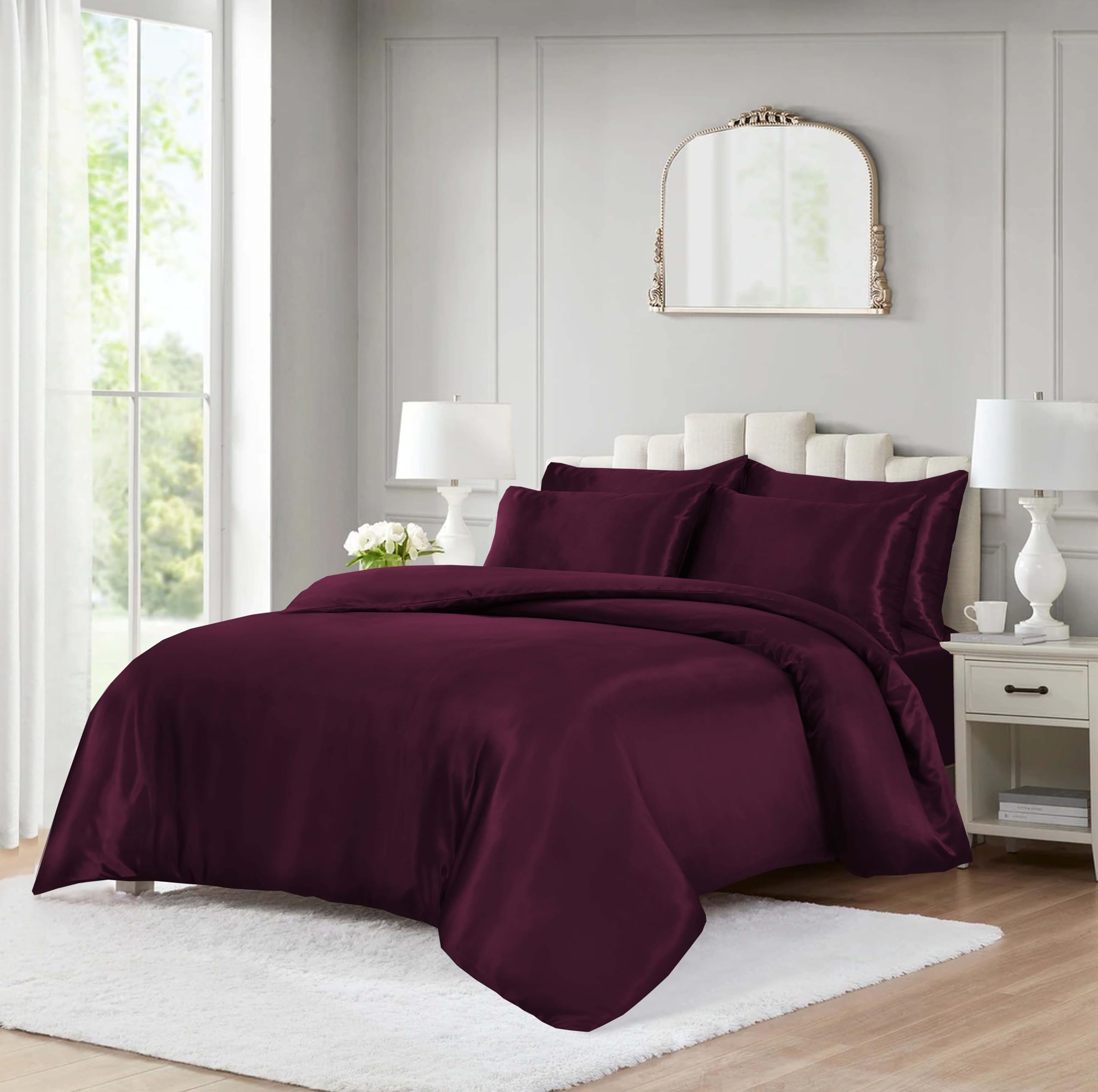 ROOEE 10 Piece Satin Silk Complete Bedding Set – Luxury Satin Duvet Cover, Silky Fitted Sheet with Matching Pillowcases, Sleep Mask, Hair Accessories & Storage Pouch (Burgundy, Double)