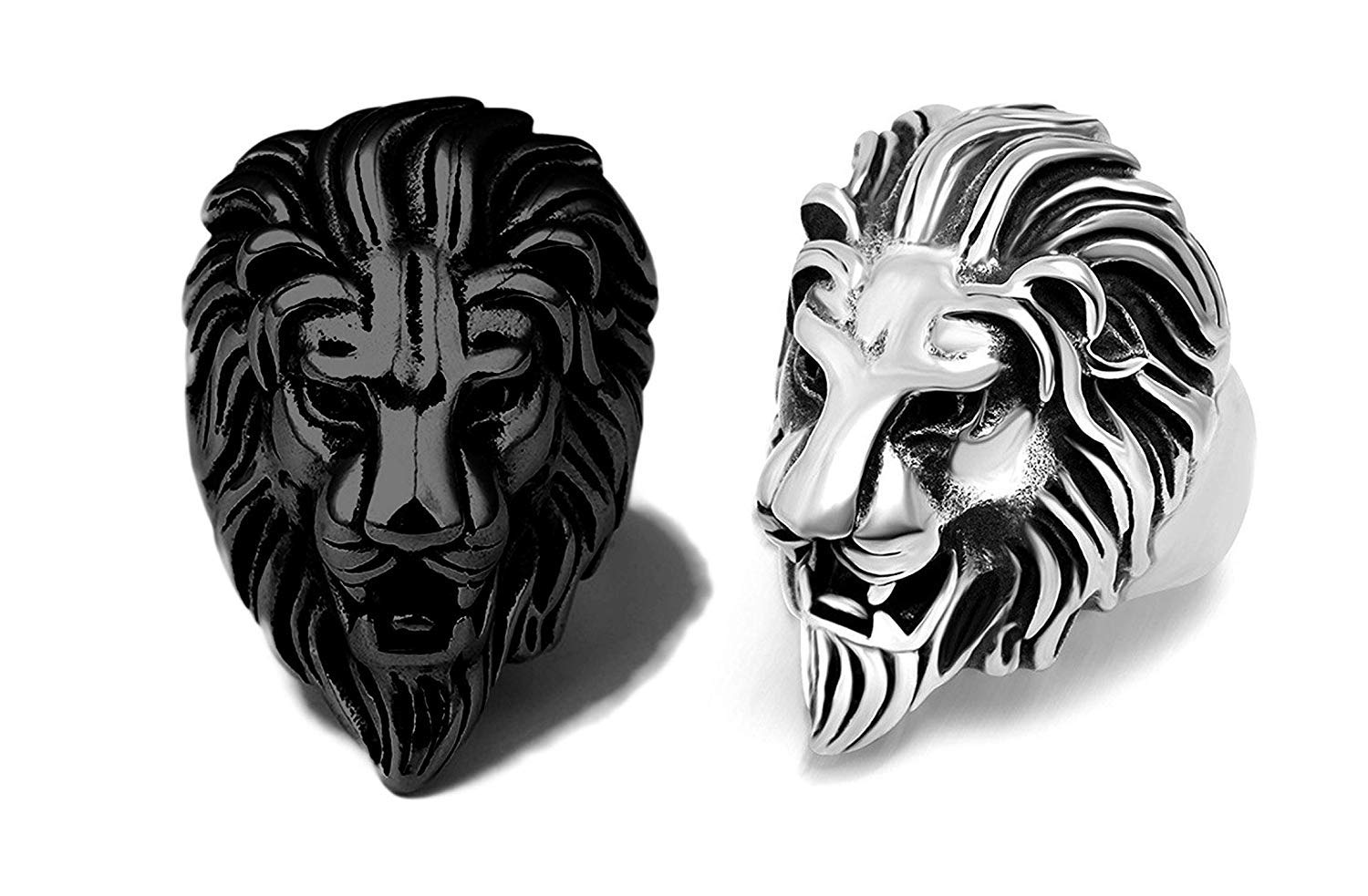 SatguruMen Women Stainless Steel Lion Head Ring with Red Stone Eyes Roaring Lion Ring Engraved Carved Antique Style (Pack Of 2) & (Silver & Black)