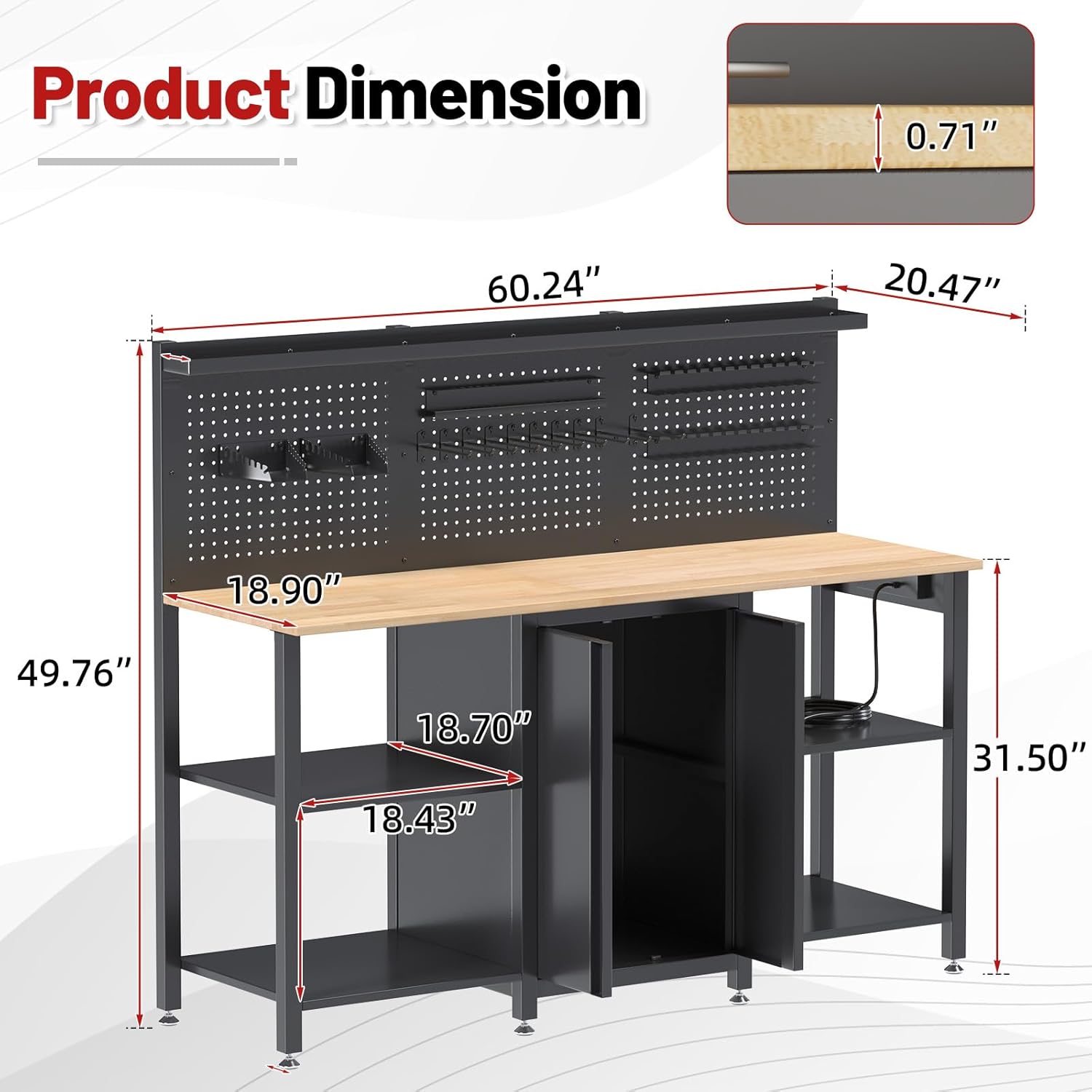60’’ Workbench and Garage Cabinet Storage System 2000LBS Heavy Duty Work Bench Table with Top Storage Panel Wrench Holder Hammer Rack Hooks Screwdriver Rack Charge Station Tool Organizer