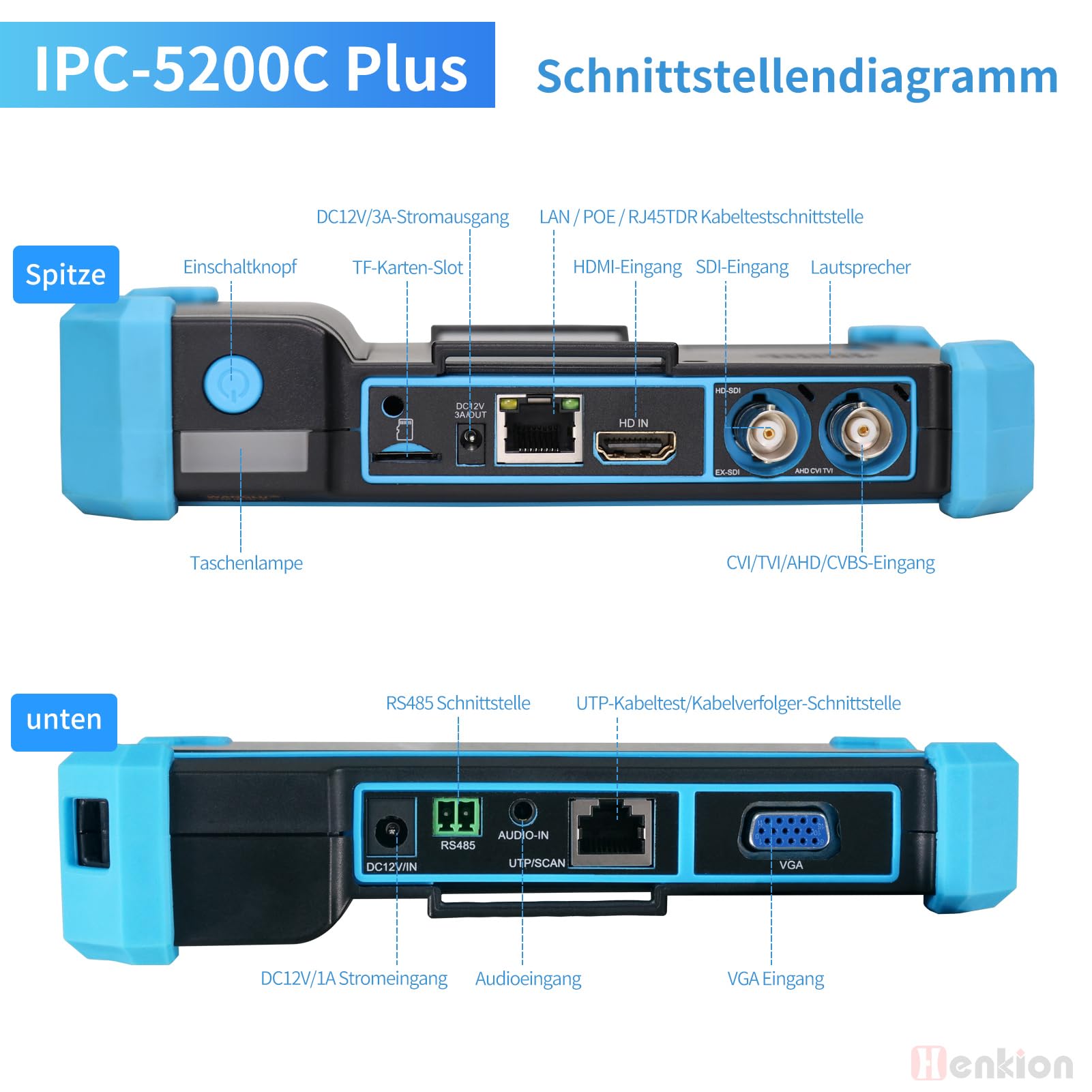Henkion Probador CCTV IPC-5200C Plus Tester, Monitor con Pantalla Táctil IPS 5.4", 8MP AHD CVI TVI CVBS IP, Monitor de Video 4K H.265, Soporte PoE PTZ WiFi RS485, Rastreador de Cable, Entrada HDMI VGA