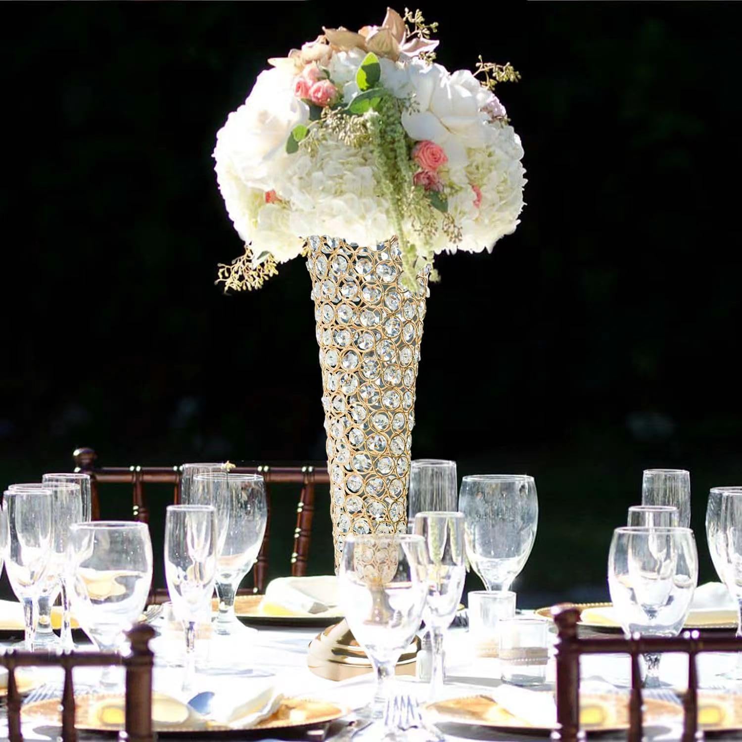 2-Pack 18.5" Tall Gold Vases, Engraved Crystal Trumpet Vase, Gorgeous Centerpiece Flower Stand | Artificial Flower Arrangement for Weddings, Anniversaries | Home & Party Decor Display