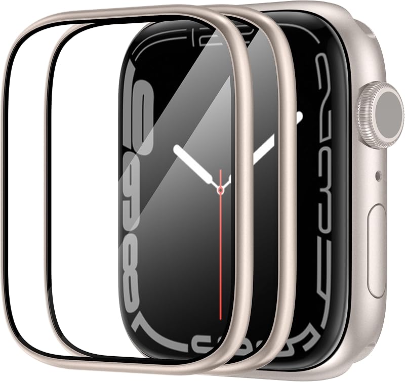 SWUU 2 Pack Screen Protector for Apple Watch Series 9 8 7 41mm, Starlight | 9H Hardness Tempered Glass, Titanium Alloy Frame, Easy Installation, Waterproof HD Film, Touch Responsive, Anti-Scratch