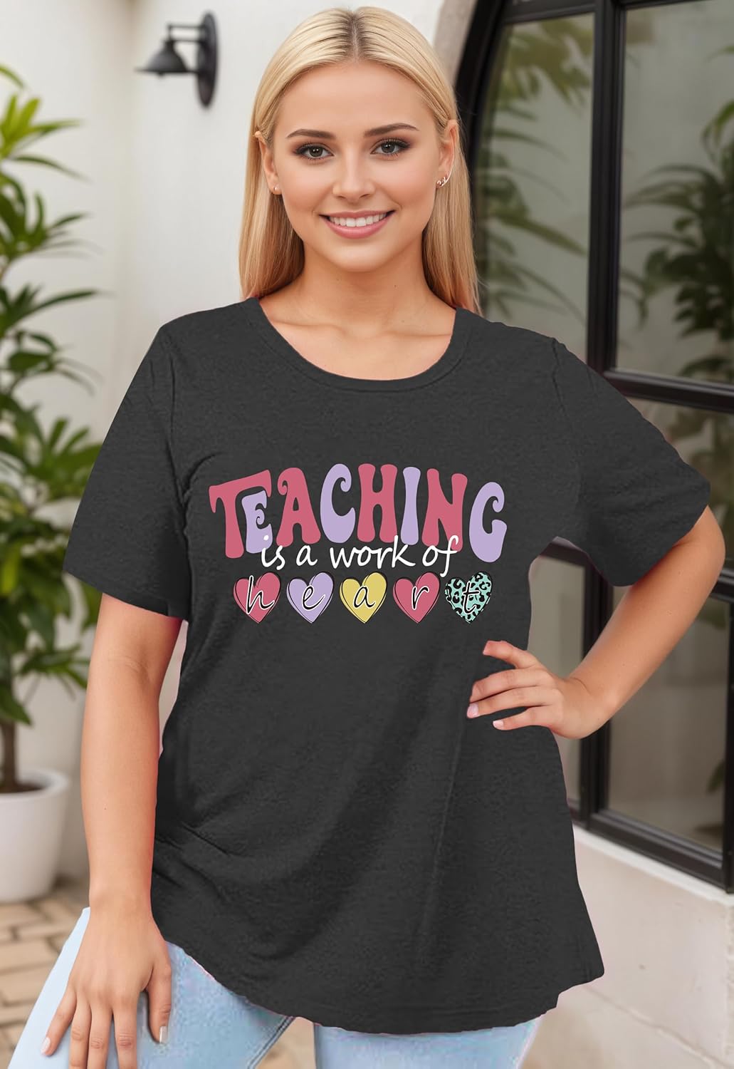 Plus Size Teacher Shirts Teaching is A Work of Heart Letter Print T-Shirt Teacher's Day Gift Summer Short Sleeve Tee Tops - Image 3