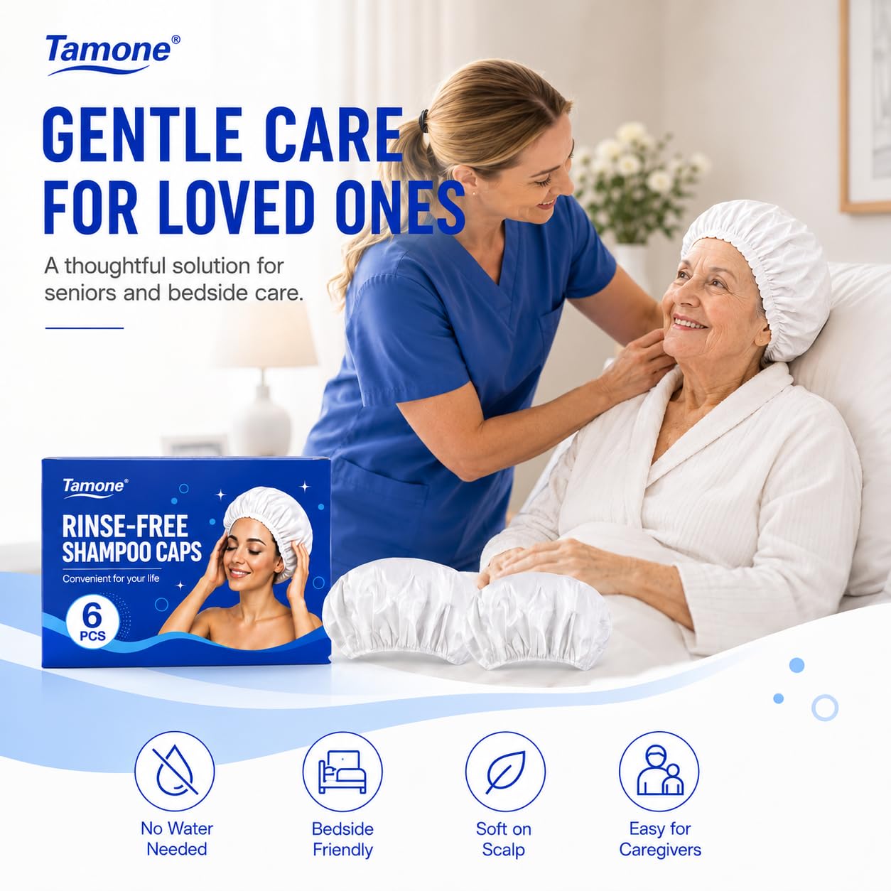 Tamone 6PACK Shampoo Caps No Rinse for Elderly and Bedridden Patients, No Rinse Shampoo Caps for Home, Nursing Home, Outdoor Travel Waterless Hair Washing Shower Cap Microwavable, Gentle, Disposables