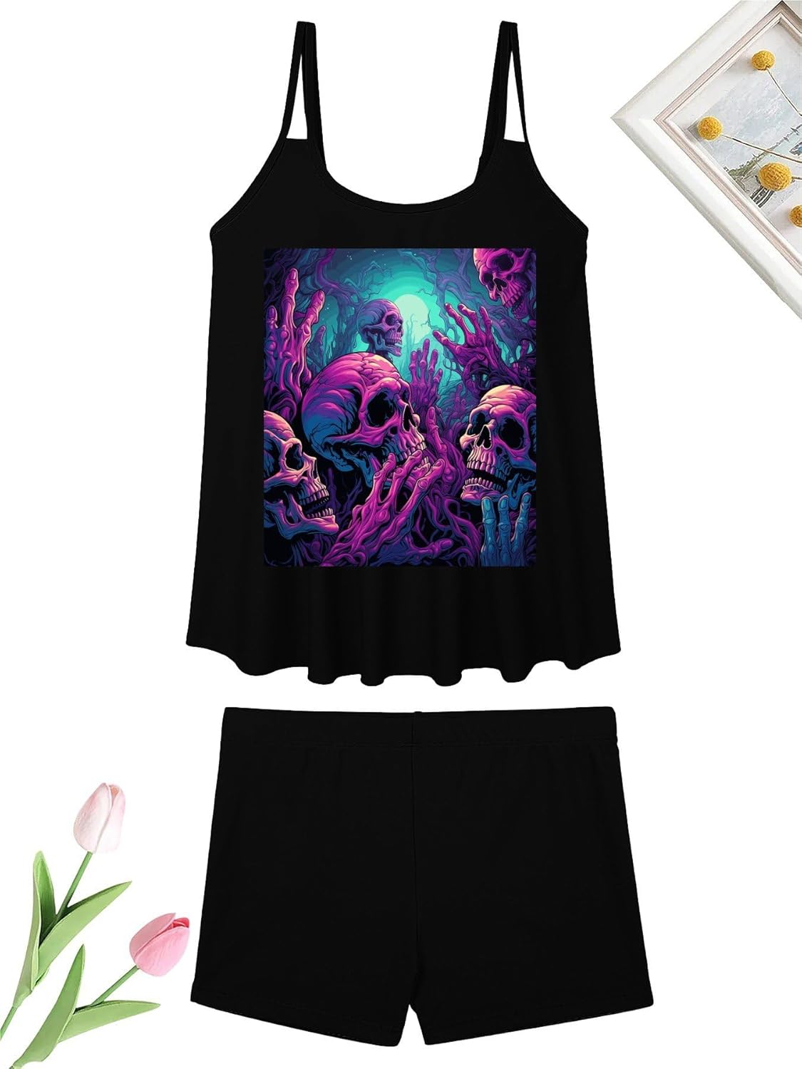 Human Hands and Bones Tankini Swimsuits for Women Tummy Control Two Piece Bathing Suits Swim Tops with Boy Shorts