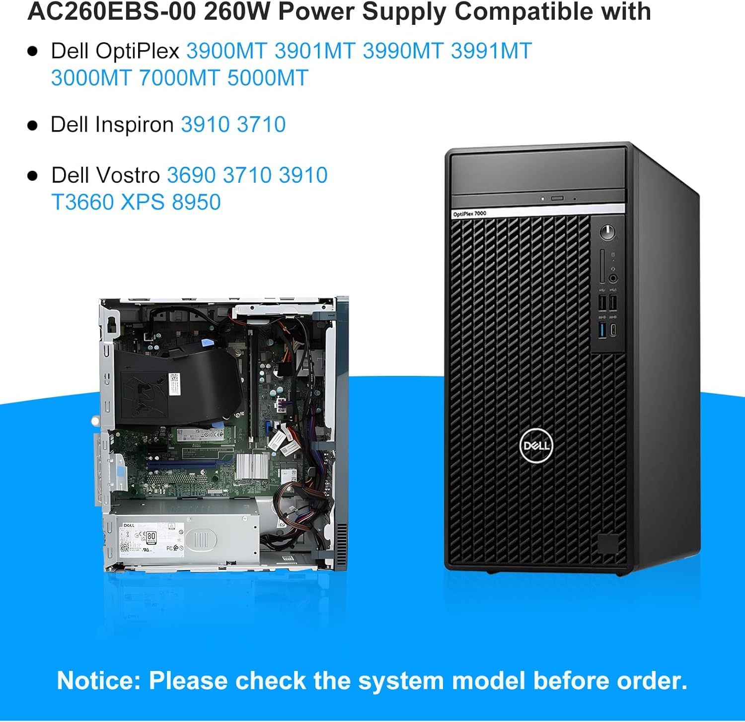 Upgraded AC260EBS-00 260W Power Supply PSU Compatible with Dell Optiplex 3000MT 5000MT 7000MT Vostro 3710 3910 T3660 H260EBS-00 L260EBS-00 D260EBS-00 0NCM9 HVW4Y 5FK7C 7JGJF AC260EBS-00 Power Supply