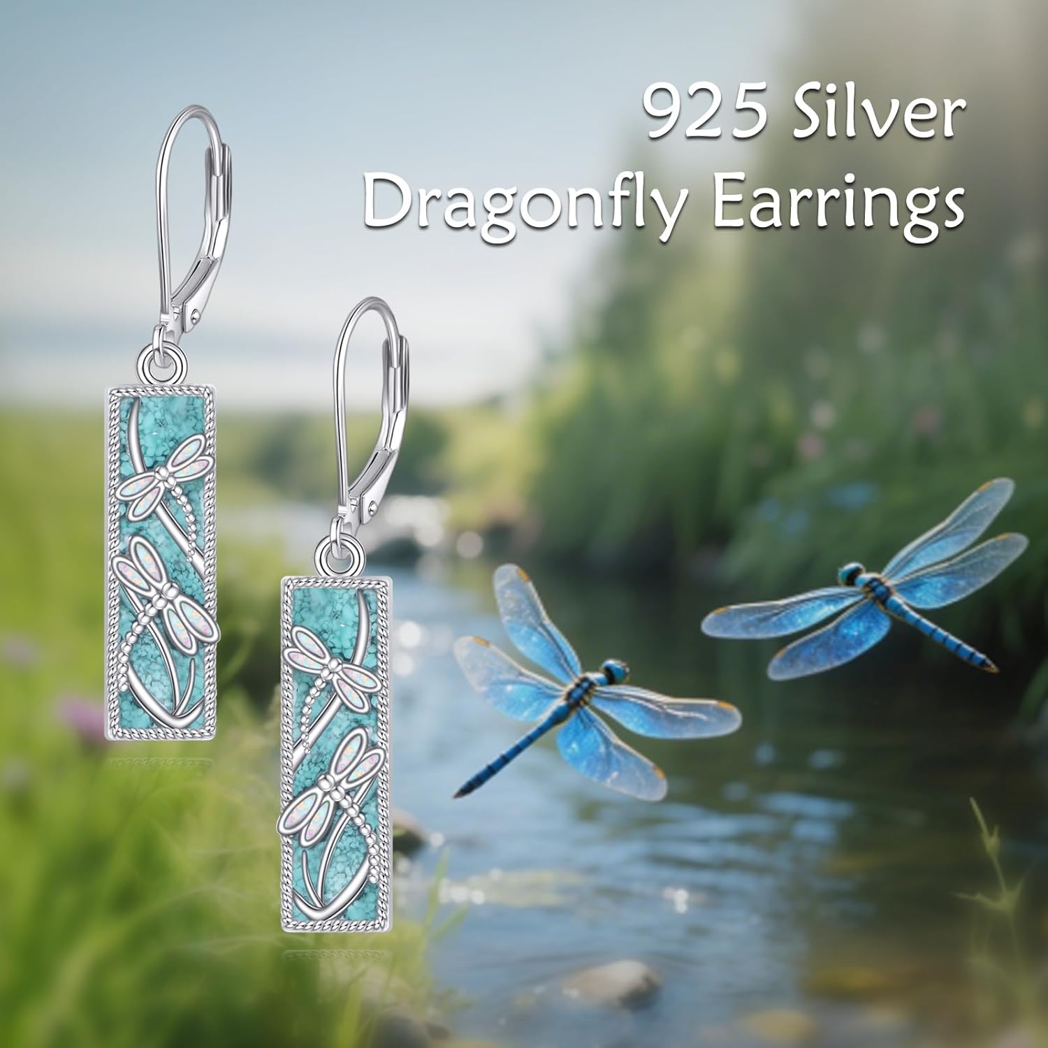 Turquoise Hummingbird/Butterfly/Dragonfly Earrings Sterling Silver Turquoise Drop Dangle Earrings Animal Jewelry Gifts for Women - Image 6