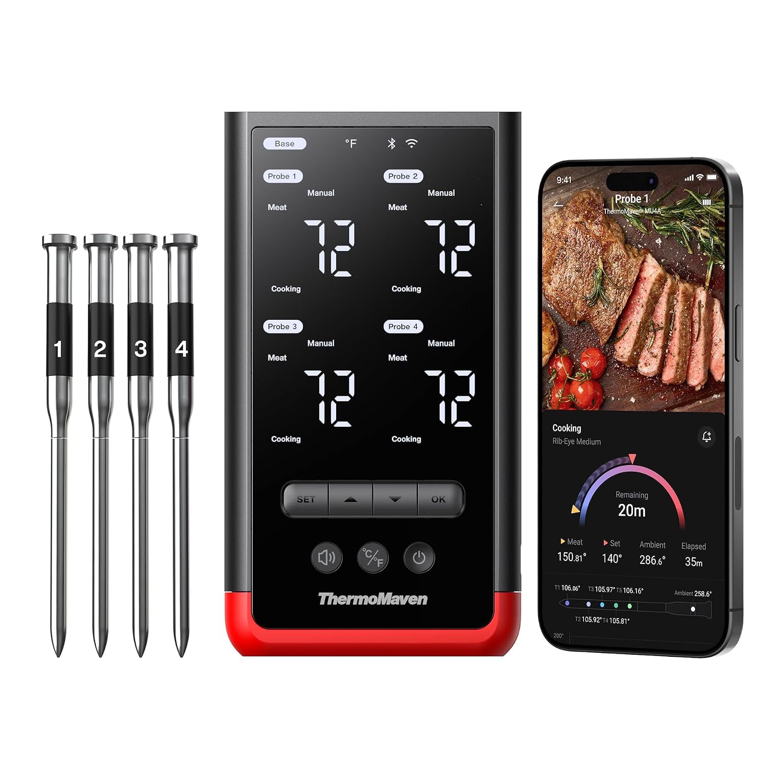 ThermoMaven P4 Updated Fleischthermometer Kabellos mit 4 Sonde