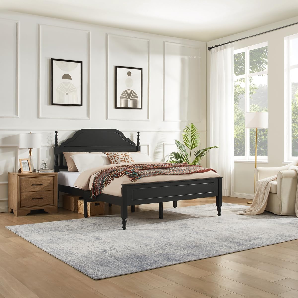 Wood Queen Size Bed Frame with Wooden Headboard, Heavy Duty Solid Wood Slats Support, Rubber Wood Platform Bed Frame with Large Under Bed Storage, No Box Spring Needed, Rustic Black (Queen)