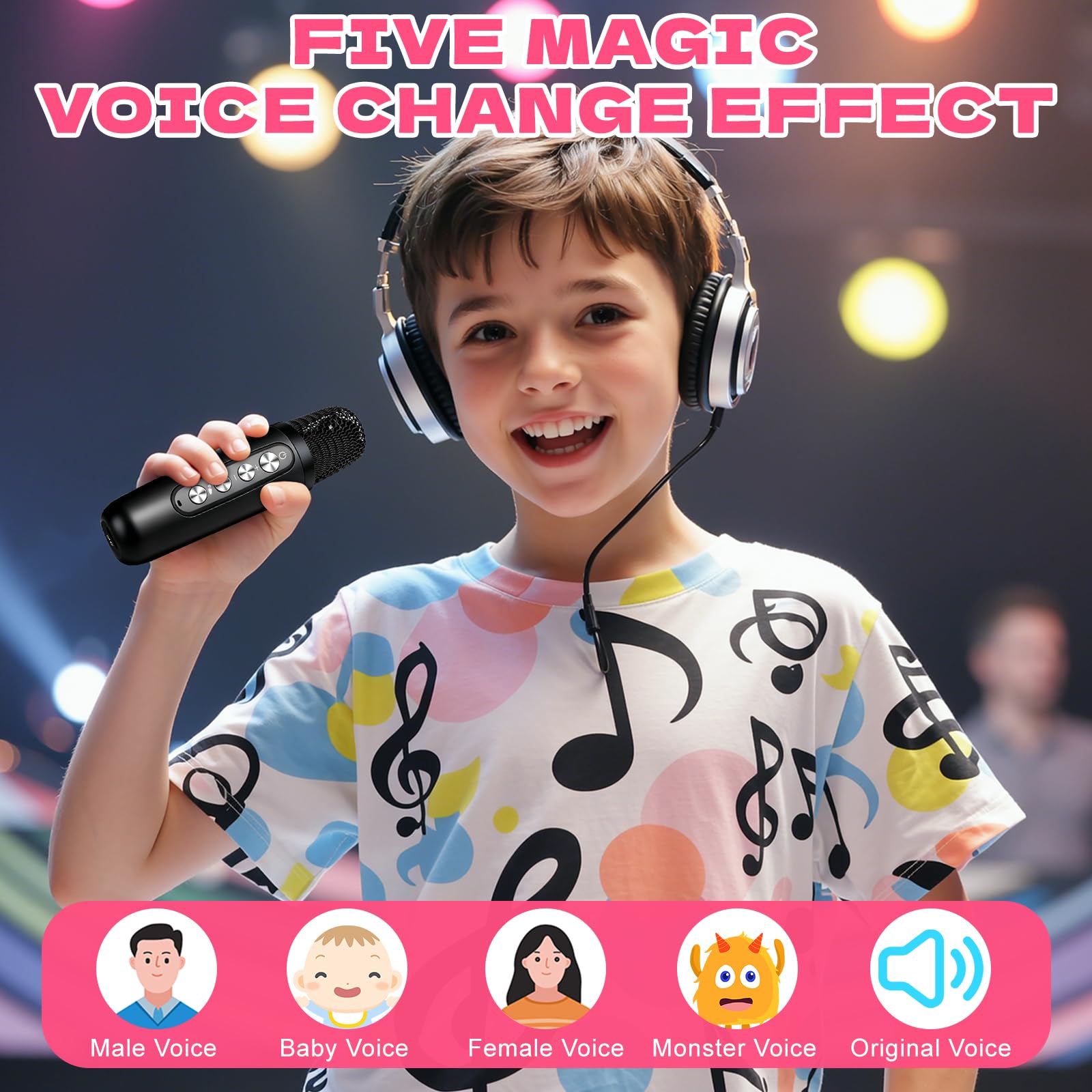 Karaoke Enfant avec 2 Microphones sans Fil, Micro Portables Karaoké, Jouet de Karaoké Bluetooth avec Voix Change et LED Lumière pour 3-12 Enfant Fille Cadeau Chanter Adulte (Noir)