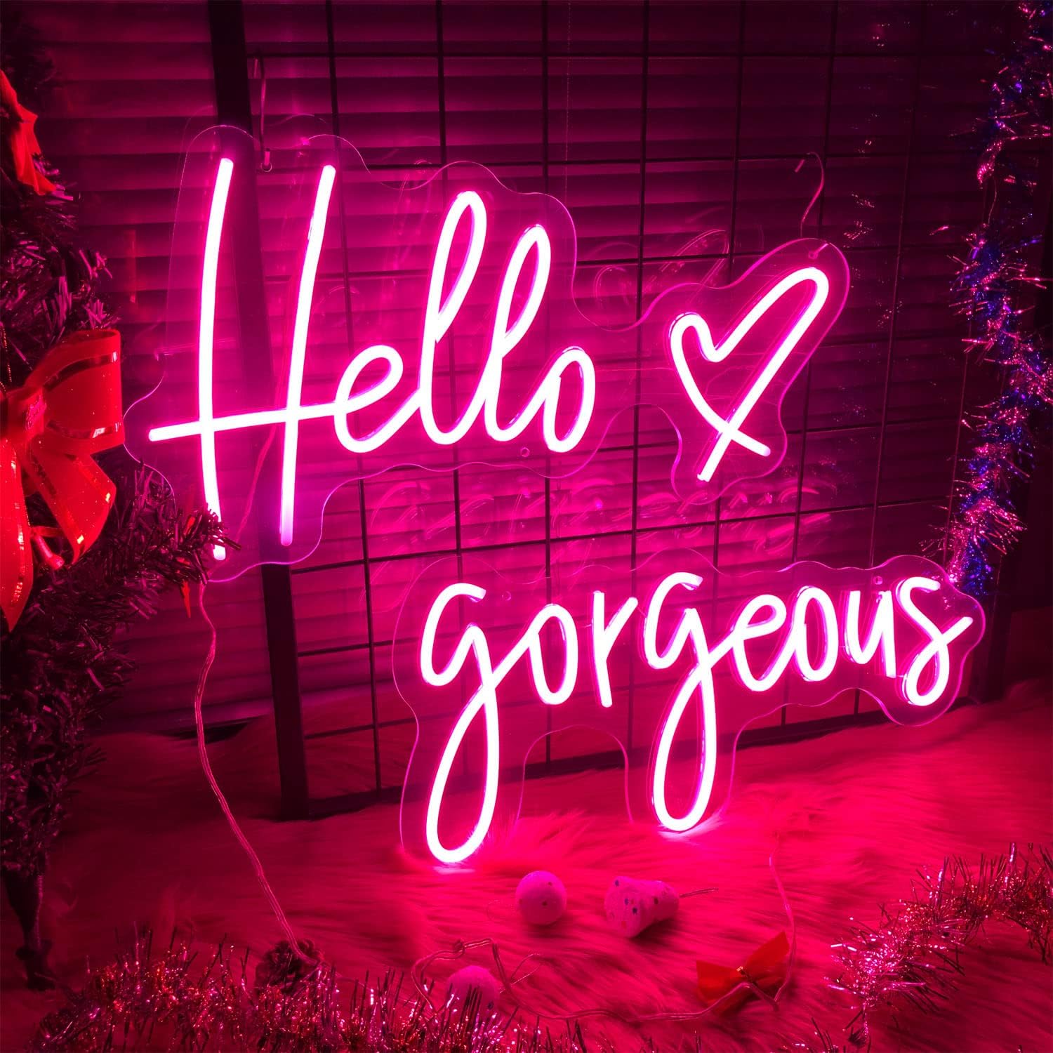 CiCiYours Hello Gorgeous Neon Light with Heart Pink LED Neon Signs for Girl Bedroom Home Wall Decor Outdoor Party Light 2 Parts Words Lights-"Hello" 16x9","Gorgeous" 16x7"