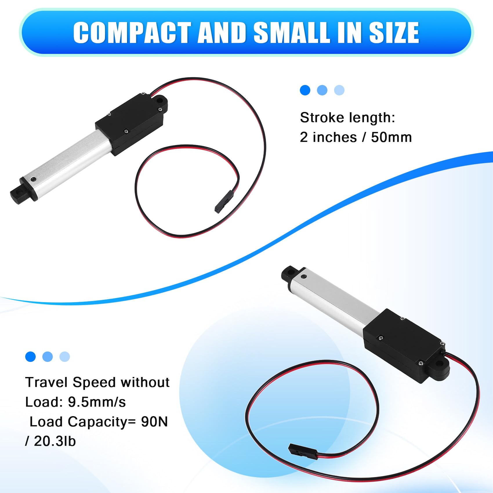 Actionneur Micro-LinéAire, Course de 2 Pouces, 90N/20.3Lb, Vitesse 9.5Mm/S Actionneur LinéAire de Moteur D'Actionneur éTanche éLectrique 12V