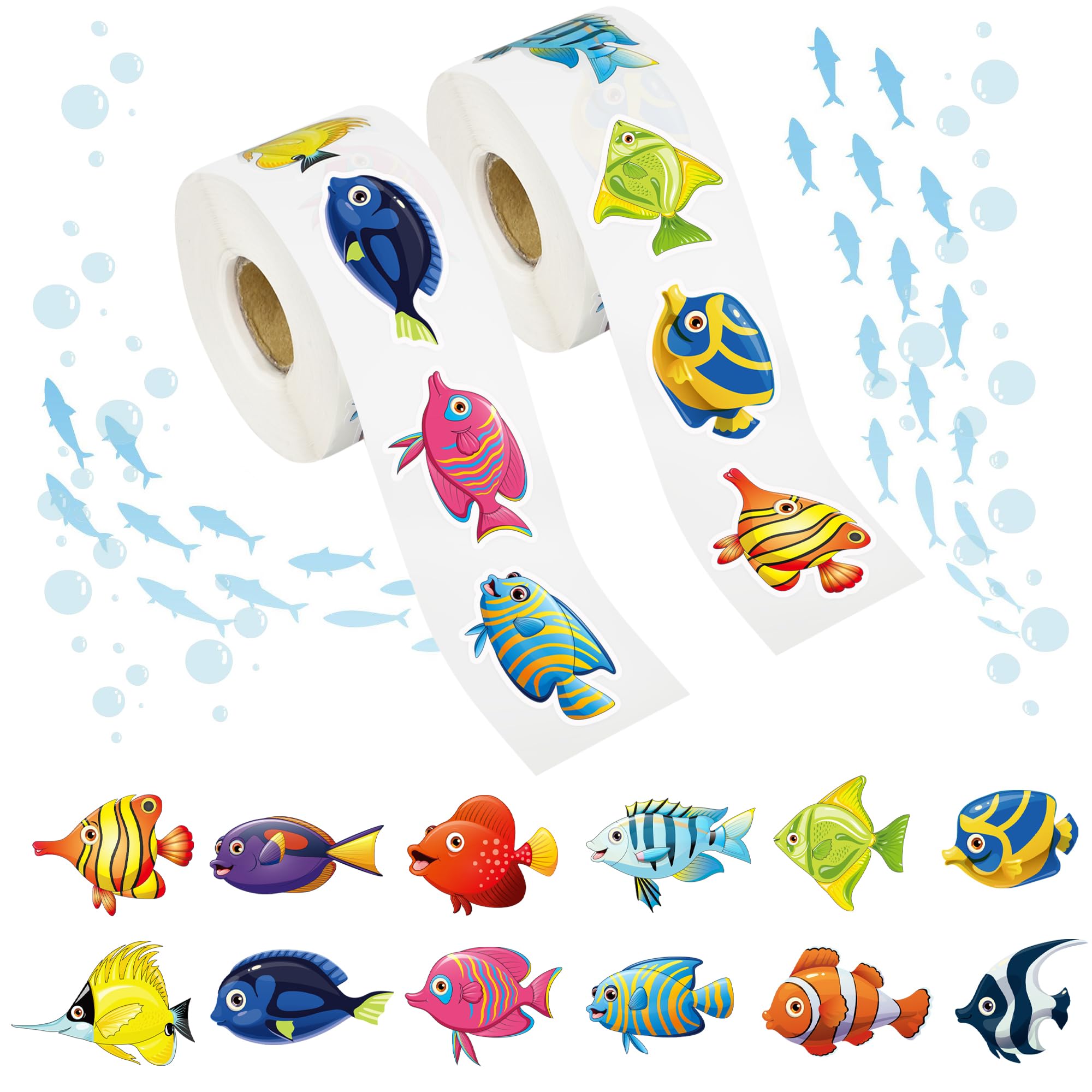 1200 Pcs Tropical Fish Stickers Roll 12 Styles Sea Animals Stickers 1.5 Inch Cartoon Ocean Life Labels Ocean Creature Sticker for School Teacher Rewards Under The Sea Theme Party