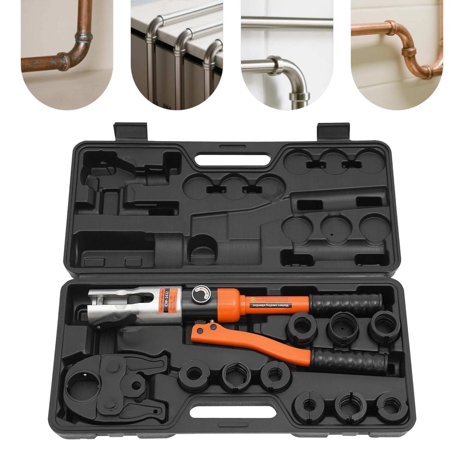 Pinza crimpatrice idraulica professionale, 10 tonnellate, forza di pressione, 9 strumenti, per tubi di rame, tubi in alluminio e plastica, 45 cm, arancione