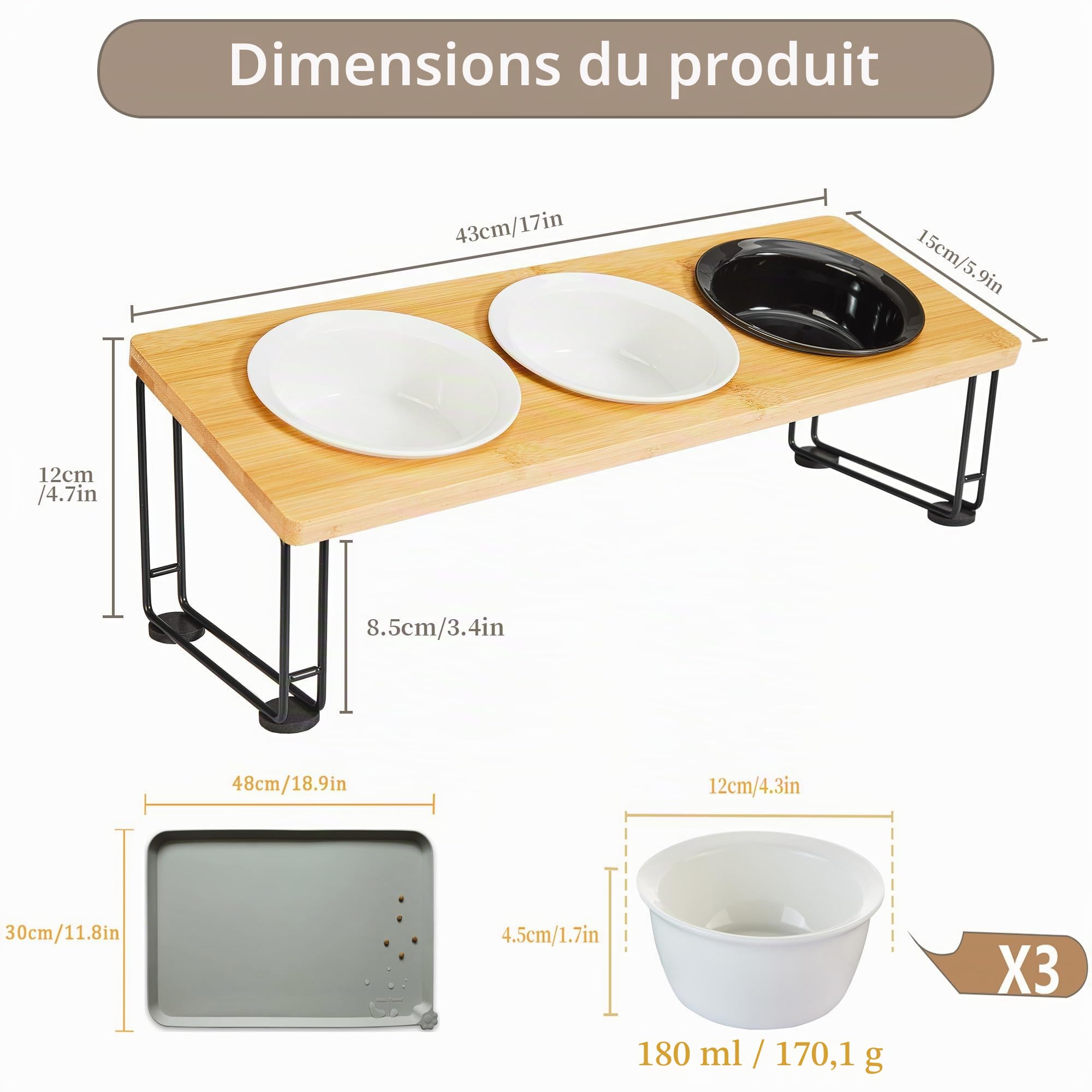 Gamelle Chat Surélevée - 3 Bols Céramique de Nourriture Avec Support 15° Incliné et Tapis - Pour Chats et Petits Chiens
