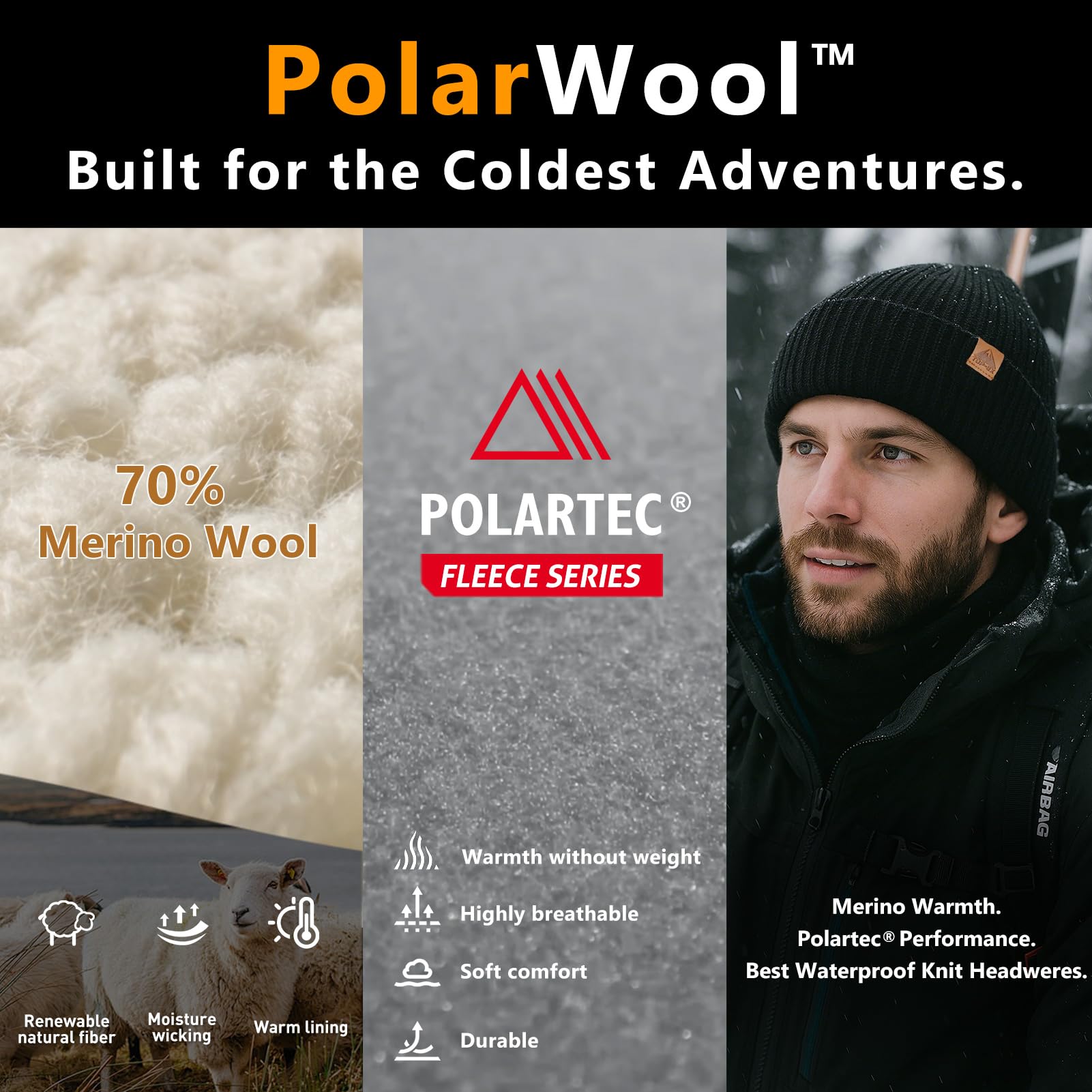 TOP-EX Gorro de lana merino M-XL con puños para hombre y mujer con forro polar, sombreros térmicos de invierno, gorro de punto de lana suave, gorro de esquí y correr
