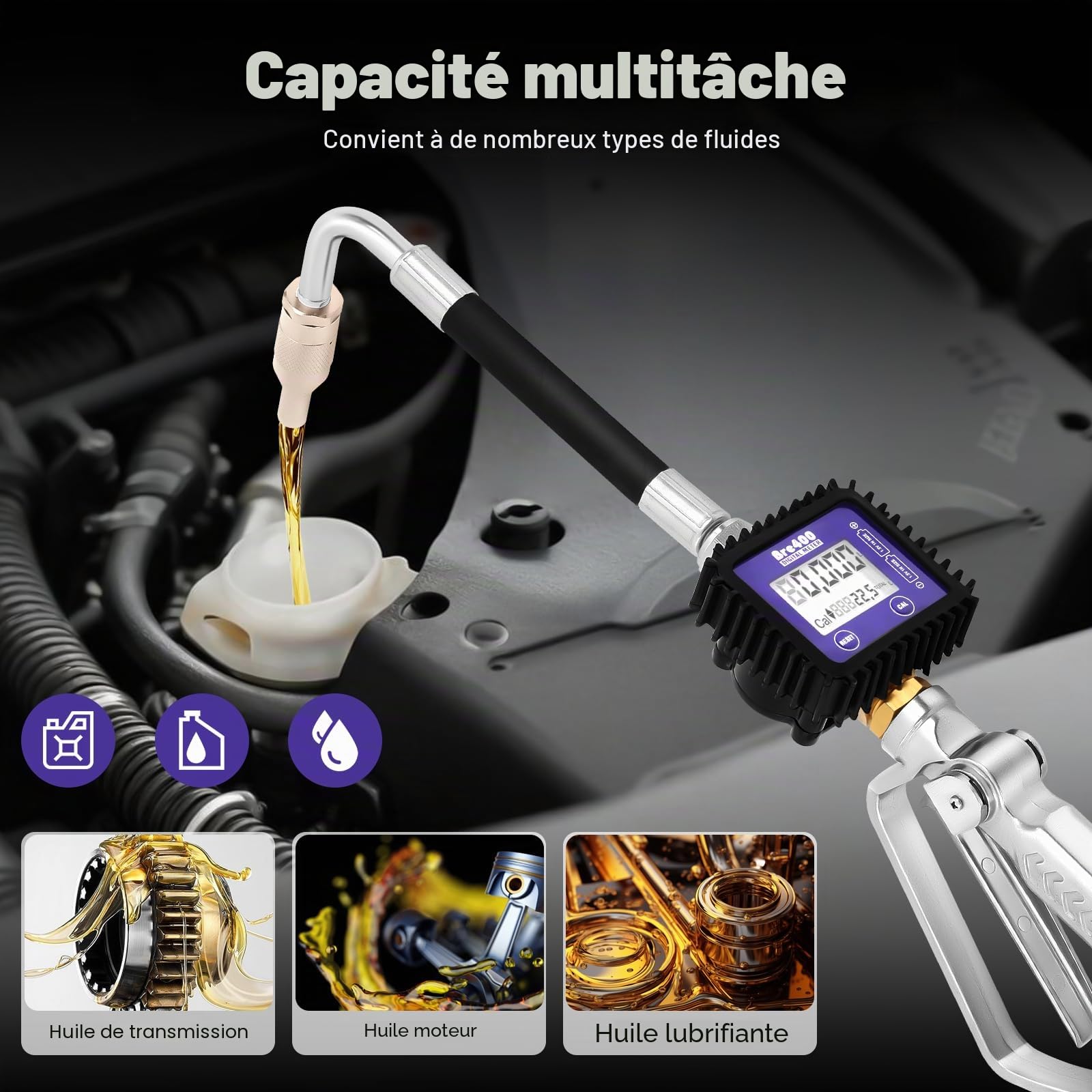 Distributeur de liquide d'huile 45 bar - Pistolet à huile avec tuyau de mesure et buse rotative à 360° - Faible niveau de batterie - Rappel - 4 unités de mesure d'huile moteur - Pistolet à
