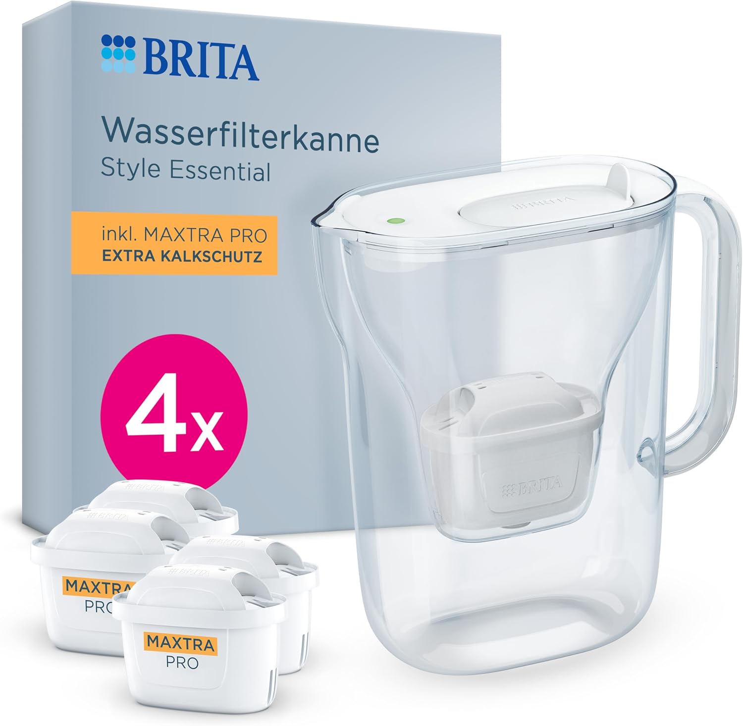 BRITA Wasserfilter Kanne Style Essential, 4x MAXTRA PRO Extra Kalkschutz | Weiß (2,4l) kühlschrankgeeignete Kanne mit LED Filterwechselanzeige & Klappdeckel reduziert PFAS, Kalk, Metalle & mehr