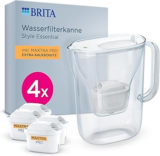 BRITA Wasserfilter Kanne Style Essential weiß (2,4l) inkl. 4x BRITA MAXTRA PRO Extra Kalkschutz – Kühlschrankgeeignete Filterkanne mit Smart Light LED & Klapp-Deckel, filtert Verunreinigungen & mehr