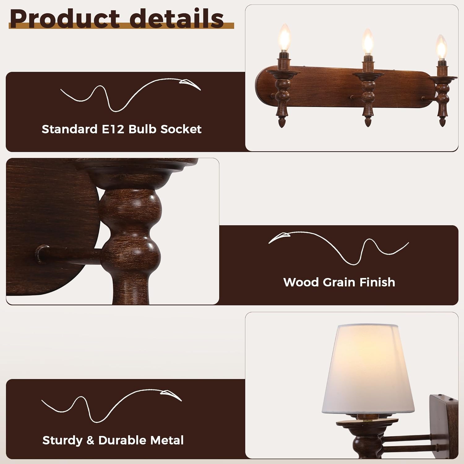 Bathroom Light Fixtures, 3-Light Farmhouse Vanity Lights with Wood Grain and Fabric Shades, 25" Bathroom Lighting Fixtures Over Mirror, Wall Light Fixtures for Mirror Living Room Hallway Cabinet Porch