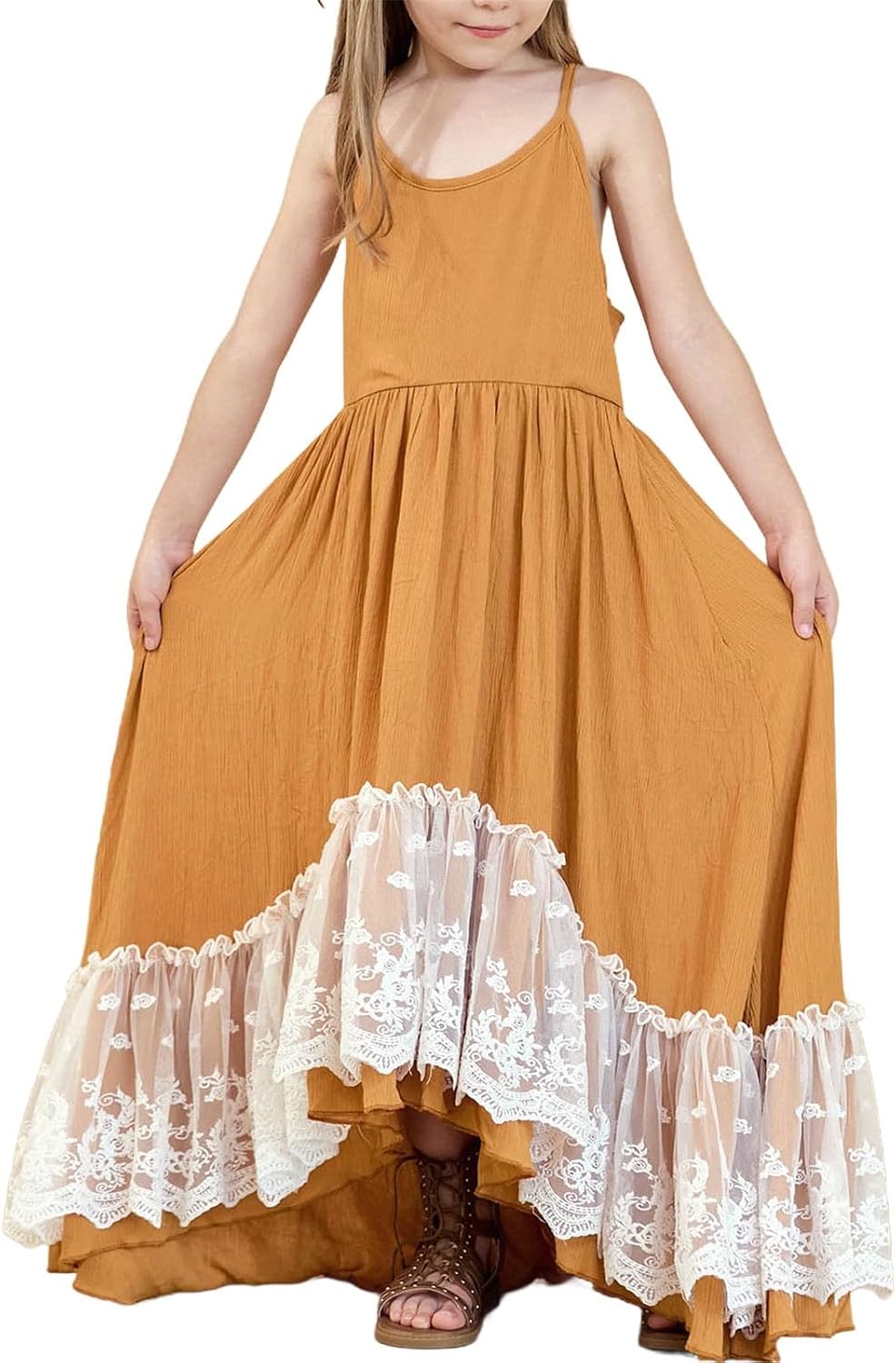 Girl's Summer Sundresses Spaghetti Strap Solid Ruffle Maxi Dress Casual Beach Dresses Formal Party Dress