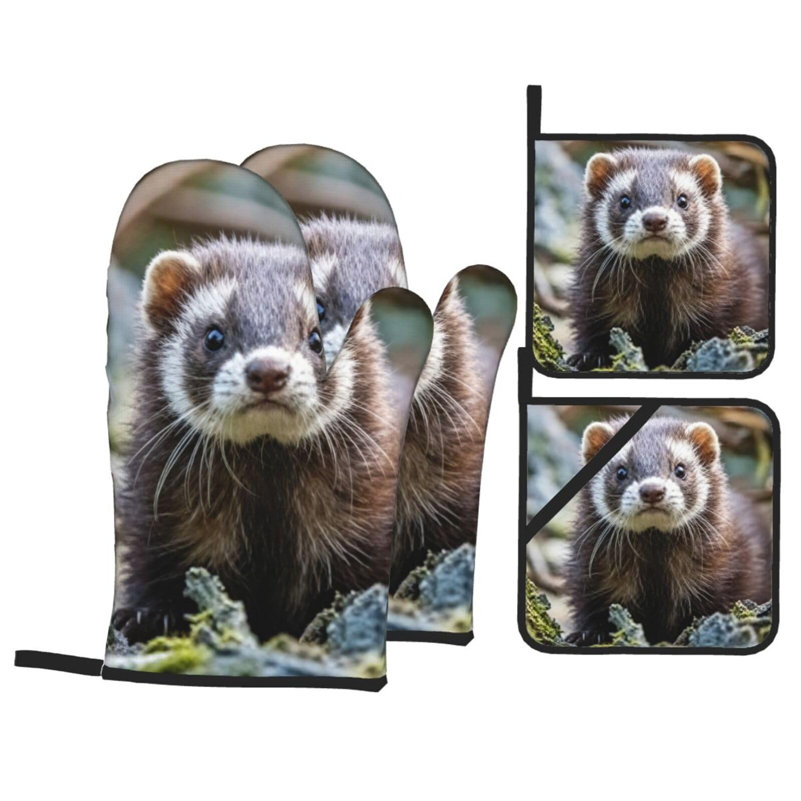 Oven Mitts and Pot Holders Sets of 4 Heat Resistant Oven Gloves Hot Pads Hairy Ferret Oven Mitts Non-Slip Kitchen Mitts Potholders for Cooking Baking BBQ Grilling