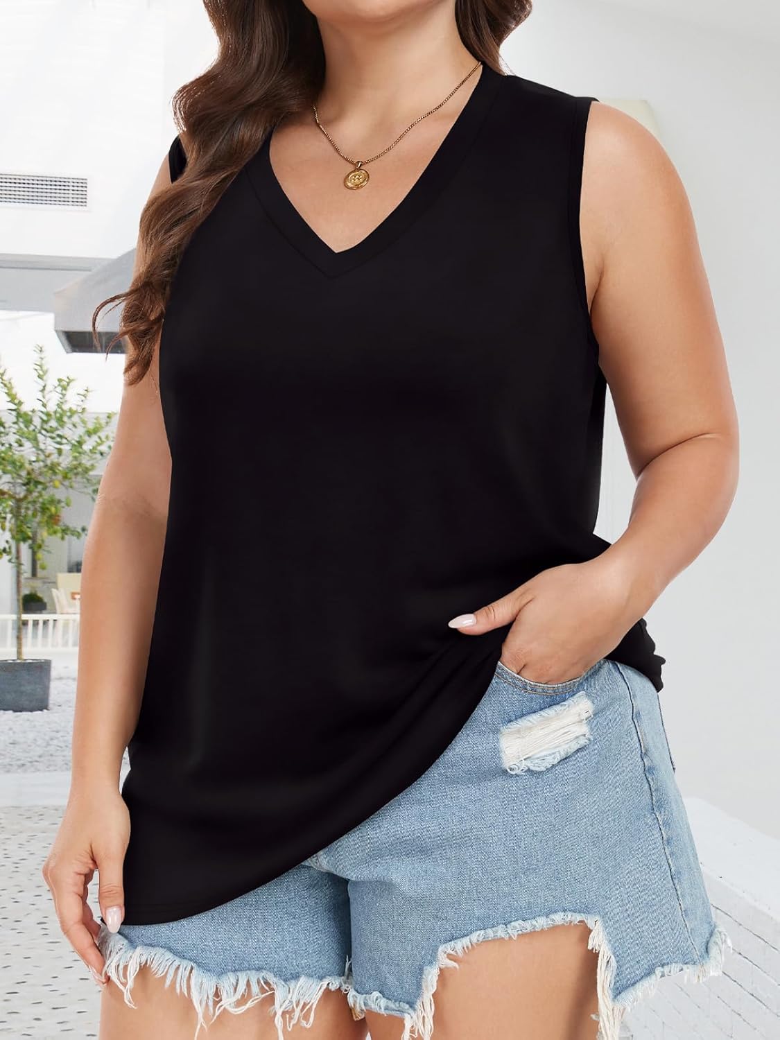 Plus Size Tanks Women Summer Top V Neck Sleeveless Top Loose Fit Tee Workout Shirts - Image 3