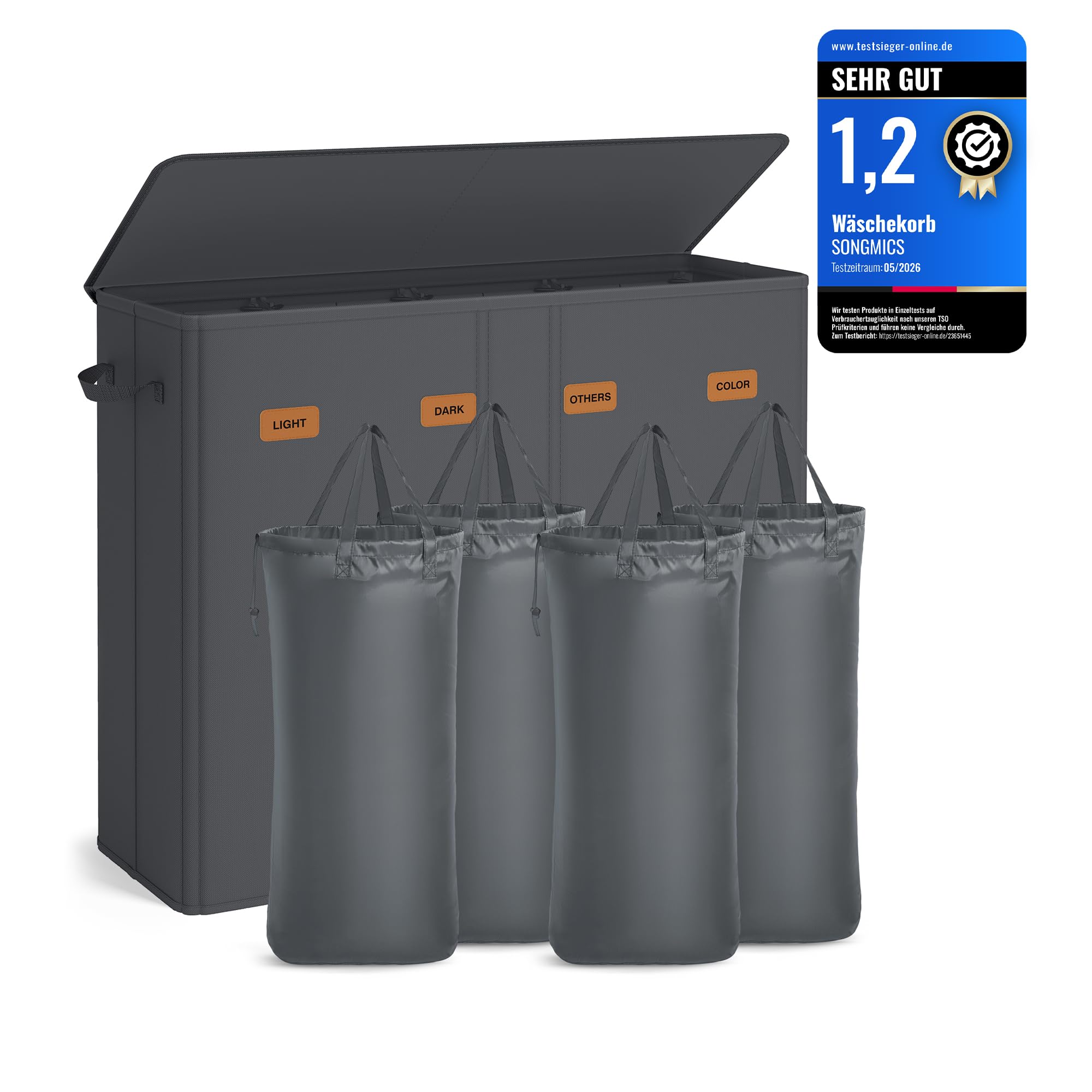 SONGMICS Wäschekorb mit 4 Fächern, 210 L, mit Deckel, 5 Etiketten, herausnehmbarer und waschbarer Innensack, Waschküche Schlafzimmer, dunkelgrau RLH014G01