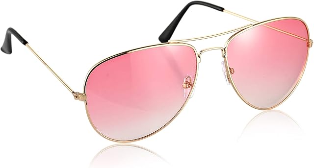 Komonee Pilot Style Pink Lens Sunglasses Set With Black Case and Cleaning Cloth Designer Unisex Mens Womens UV400 Protection Classic Shades Great For Cycling Golf Fishing Sports