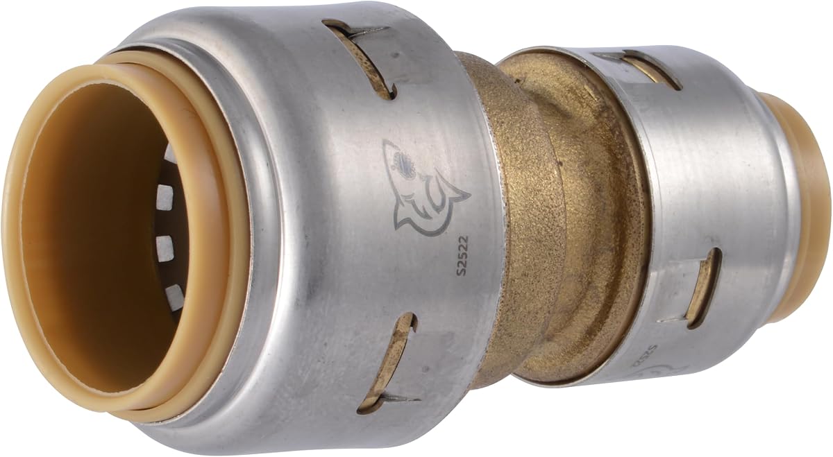SharkBite Max Acoplamiento reductor de 3/4 pulgadas x 1/2 pulgadas, accesorio de plomería de latón a presión, tubería PEX, cobre, CPVC, PE-RT, HDPE, UR058A