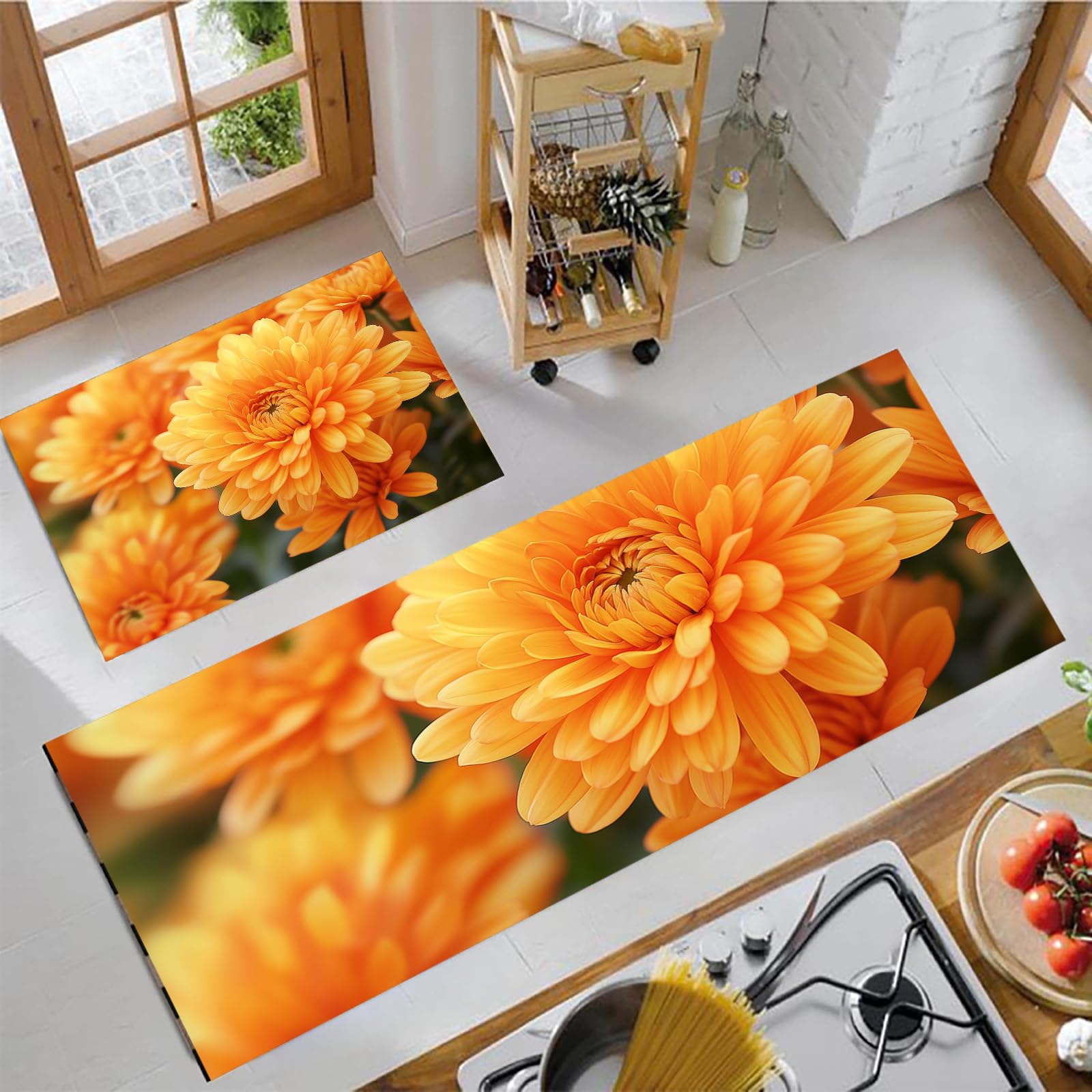 Tapis de cuisine antidérapant lavable pour sol sécurisé lot de 2 tapis motif chrysanthème orange
