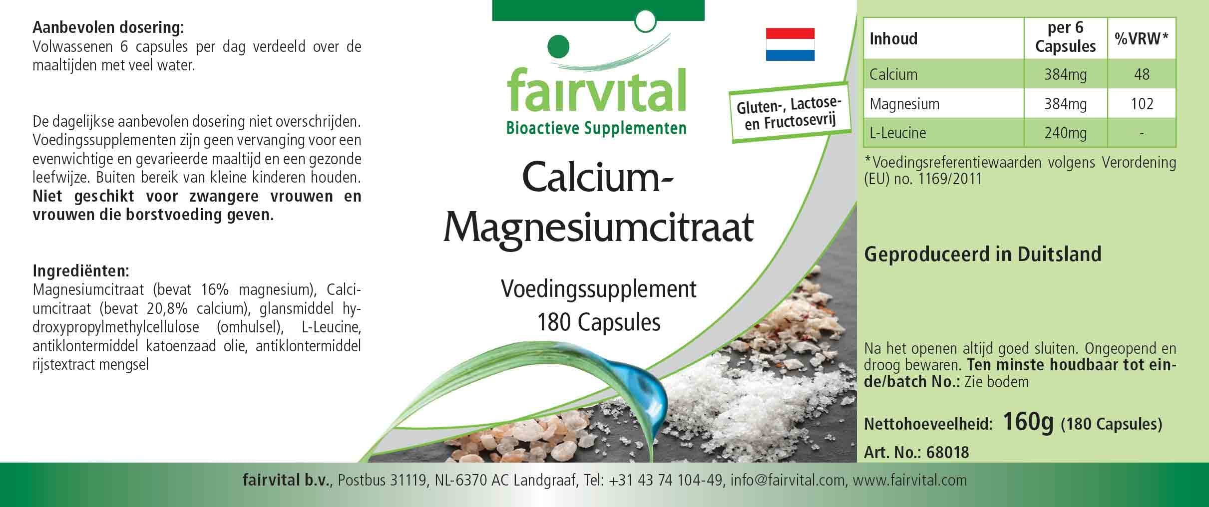 fairvital Citrato de calcio y magnesio, 180 cápsulas, ALTA DOSIS, cápsulas de calcio y magnesio, VEGANAS