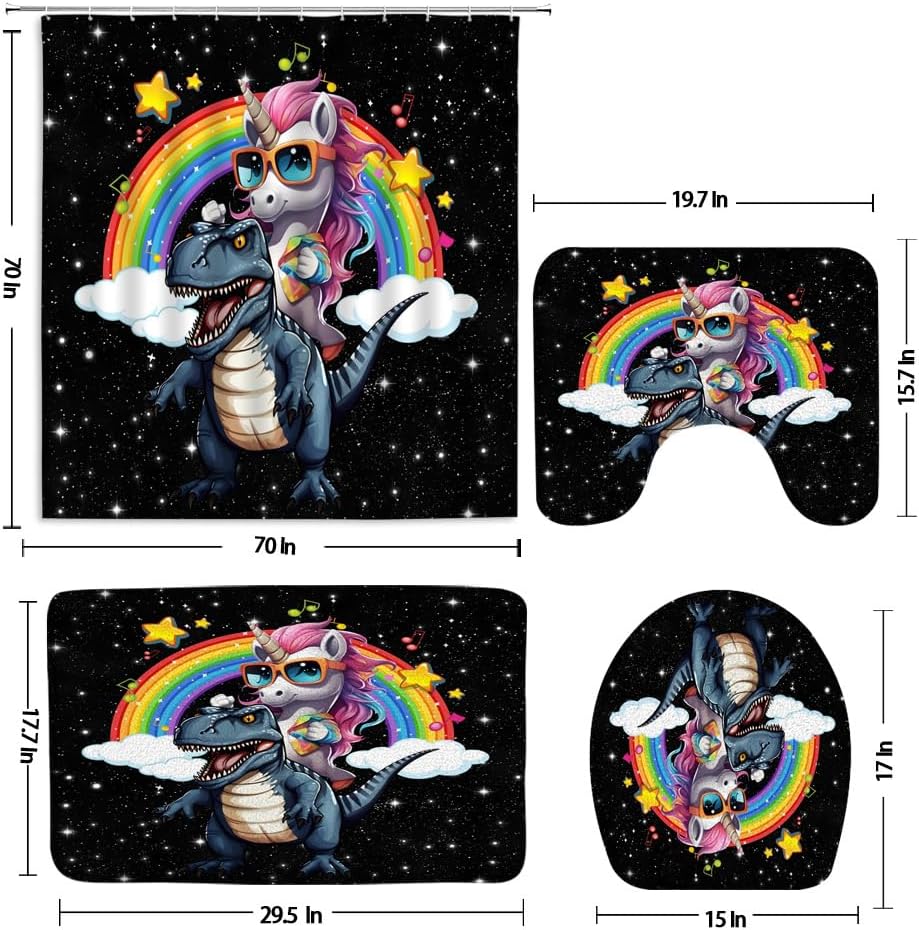 4 Pcs Shower Curtain Set for Bathroom Cute Unicorn Riding Dinosaur Funny Cartoon Animal Fantasy Colorful Rainbow Cloud Planet Fabric Shower Curtains Toilet Lid Cover and Bath Mat Bathroom Decor