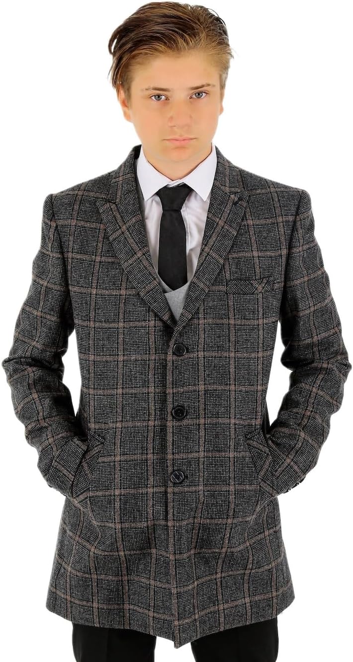 SIRRI Boys Wool Check Tweed Overcoats Slim Fit Mid-Length Coat Jacket