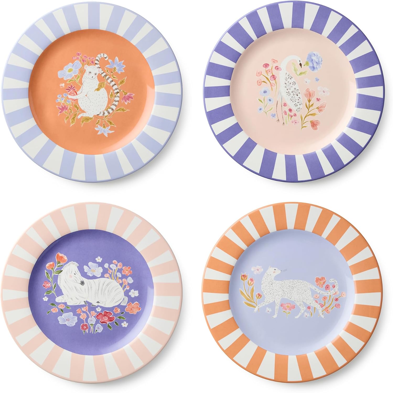 Menagerie Ceramic DINNER PLATES SETof 4, 11‑inch assorted animal‑themed floral plates in pastel circus colors, perfect for everyday meals, brunch, whimsicle, artistic table styling