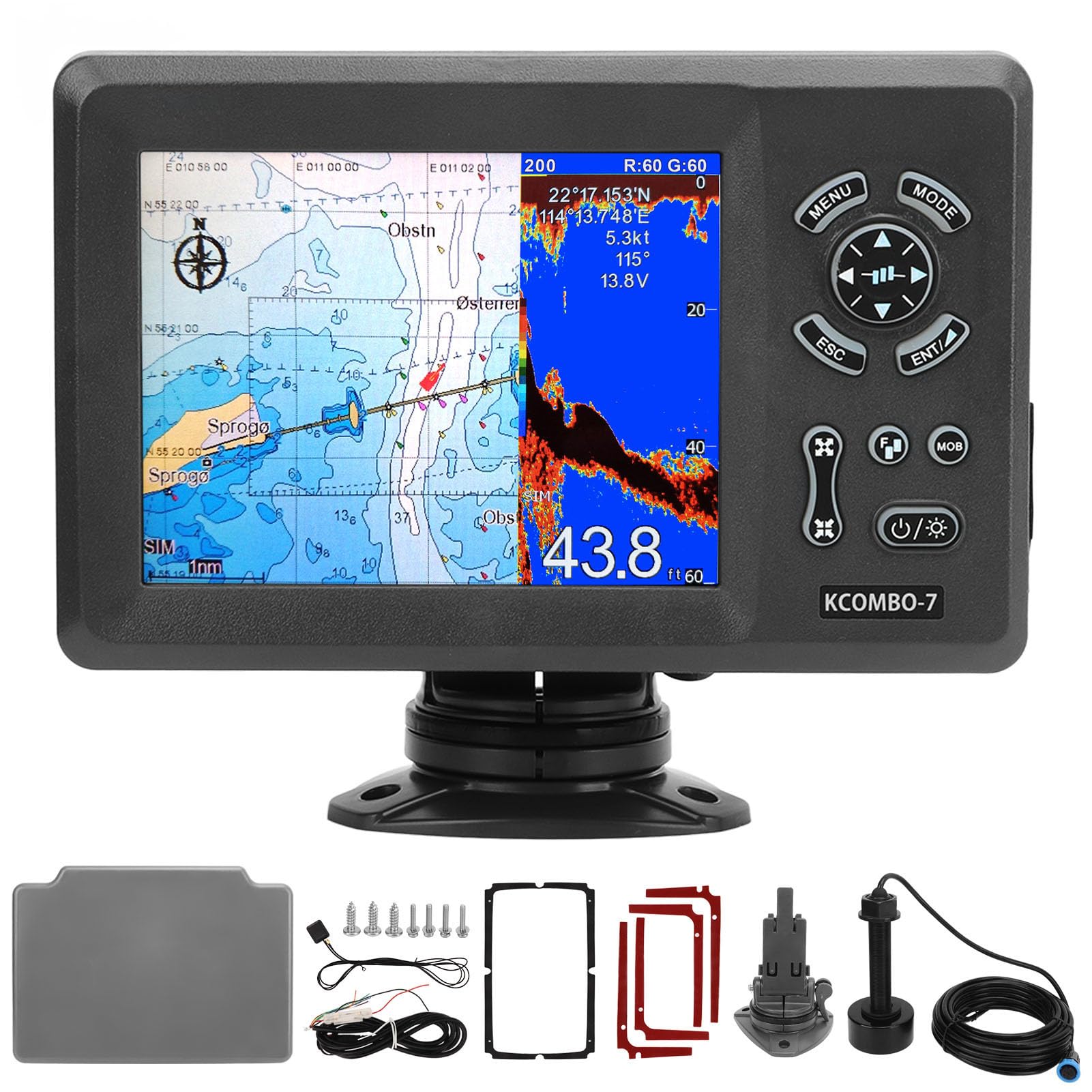 7-Zoll-Marine-GPS-Navigator, Plotter, Eingebauter Fischfinder, Farbiger LCD-Navigator, Marine-Bootsanzeige, Geteilter Bildschirm, IP66-Schutz, Navigationsortung