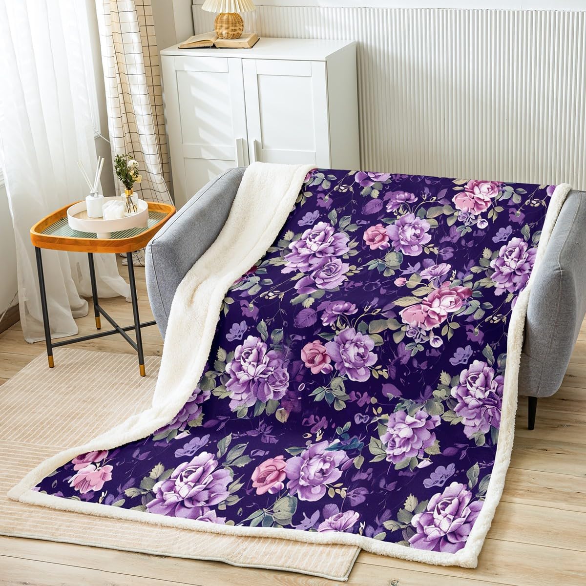 jejeloiu Retro Rose Floral Print Sherpa Blanket Twin 60"x80" Vintage Garden Flower Fleece Throw Blanket Botanical Herbs Flower Watercolor Blossom Plush Blanket Teens Decor Purple Fuzzy Blanket
