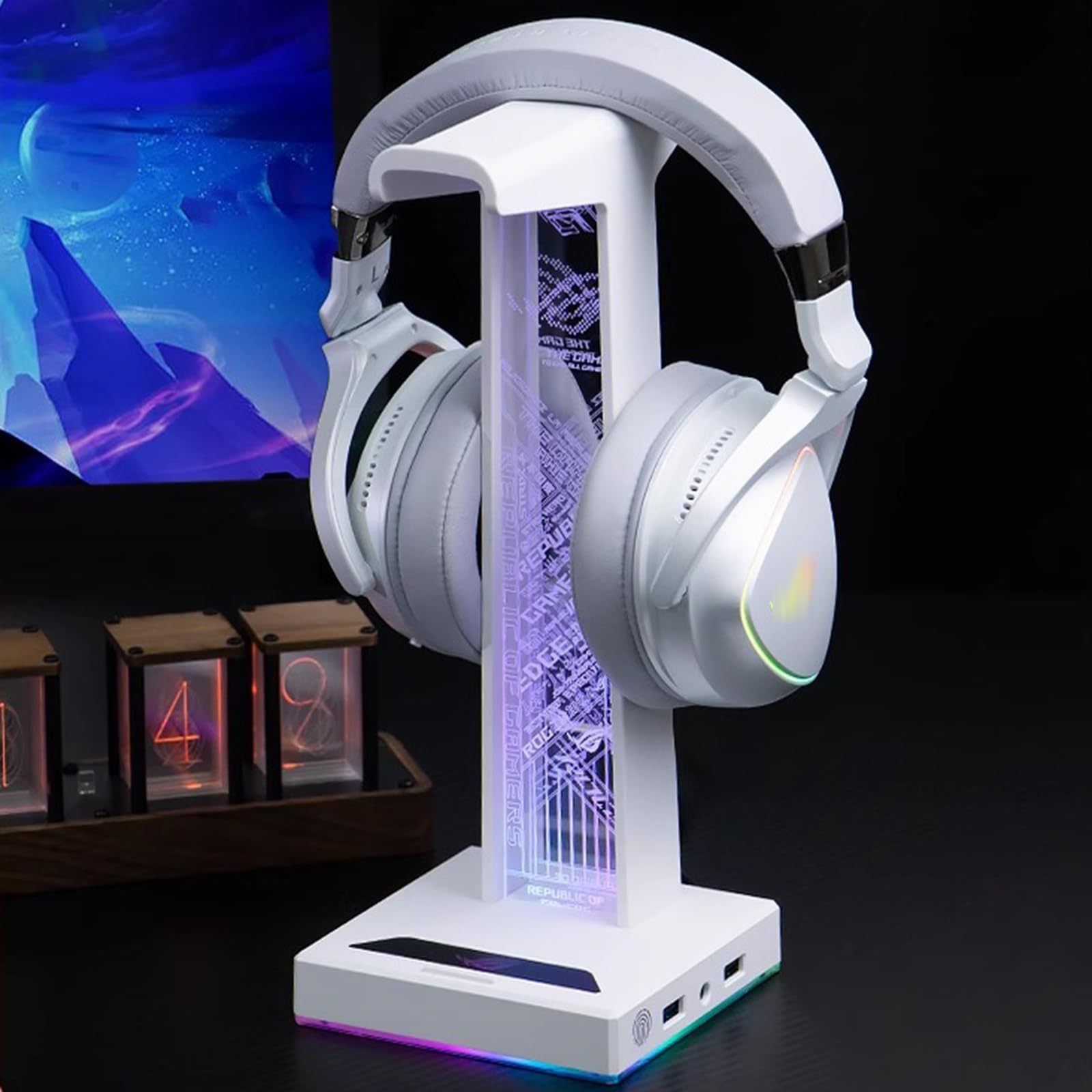 Supporto per Cuffie LED da Gaming in Acrilico, Supporto per Cuffie RGB con Porta Audio USB/3,5 Mm, Supporto Touch, 10 Luci RGB Commutabili, Accessori per Videogiochi