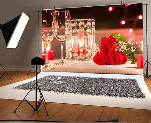 Miniatura 3 de Haoyiyi Telón de fondo romántico de aniversario de 7 x 5 pies con rosas rojas románticas, amor, champán, luz de velas, cena, fondo de fotografía
