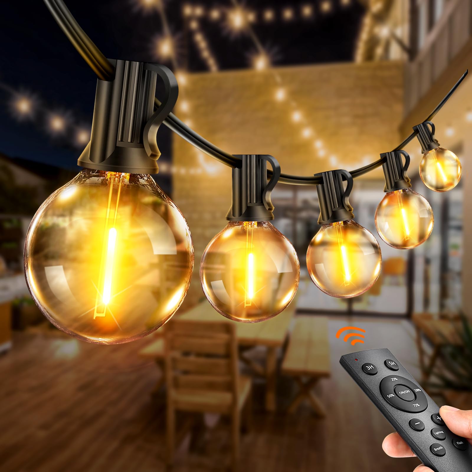Led-lichtsnoer voor buiten, gloeilampen, 45 m, met weerbestendig, G40- gloeilamp, dimbaar, warmwit, voor tuin, terras, balkon, bruiloften, feesten