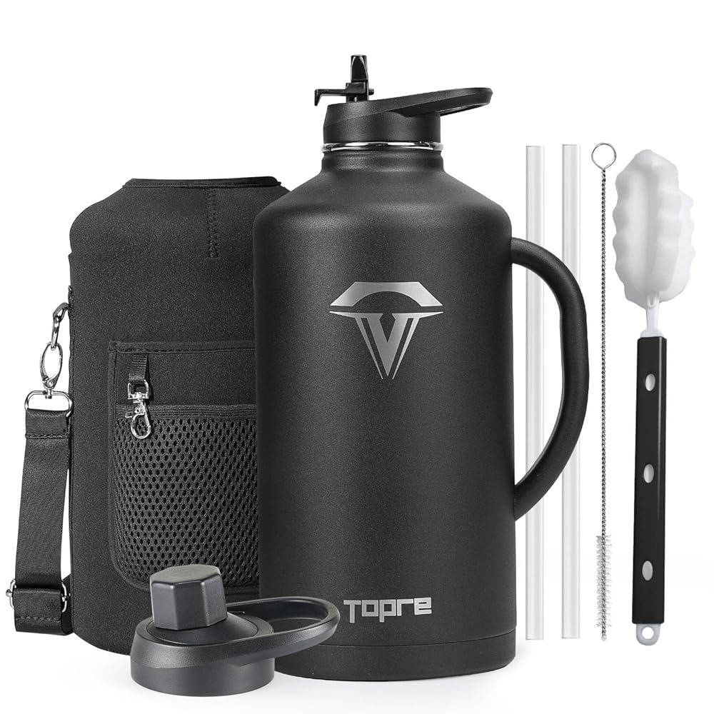 Topre 128 oz Insulated Water Bottle with Straw and Lid, One Gallon Stainless Steel Cup with Handle,Leakproof Metal Travel Jug Flask Mug Tumbler Cup With Carry Pouch and Brush,Keep Cold & Hot,Black