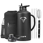 Topre 128 oz Insulated Water Bottle with Straw and Lid, One Gallon Stainless Steel Cup with Handle,Leakproof Metal Travel Jug Flask Mug Tumbler Cup With Carry Pouch and Brush,Keep Cold & Hot,Black