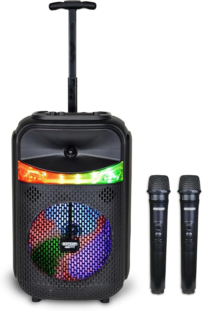 Bontempi | Altavoz Acústico Trolley Inalámbrico con 2 Micrófonos Inalámbricos, Luces RGB, Mando a Distancia, Pantalla, Función TWS, 39.5x22.5x19 cm