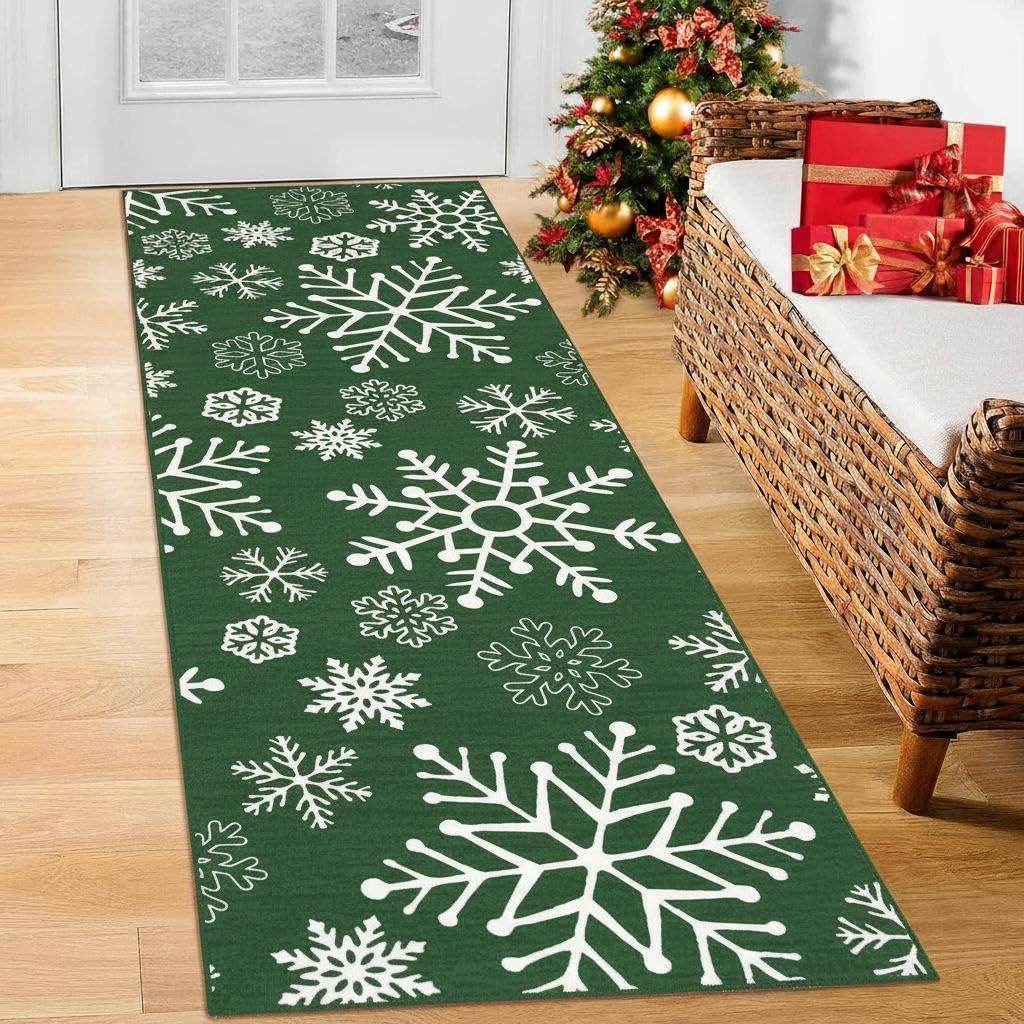 FairyStyle Christmas Runner Rug 60x180 cm, Snowflake Hallway Rugs, Green